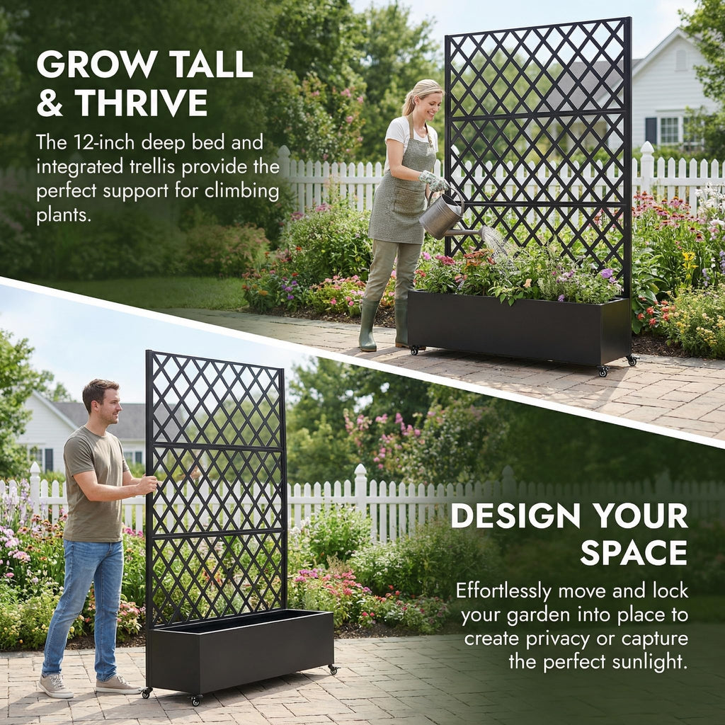 Metal Planter Box with Trellis on Wheels – Large Raised Garden Bed with Privacy Screen & Drainage Holes for Climbing Plants, Vegetables & Vines, Proof Rolling Flower Box for Patio Balcony Backyard