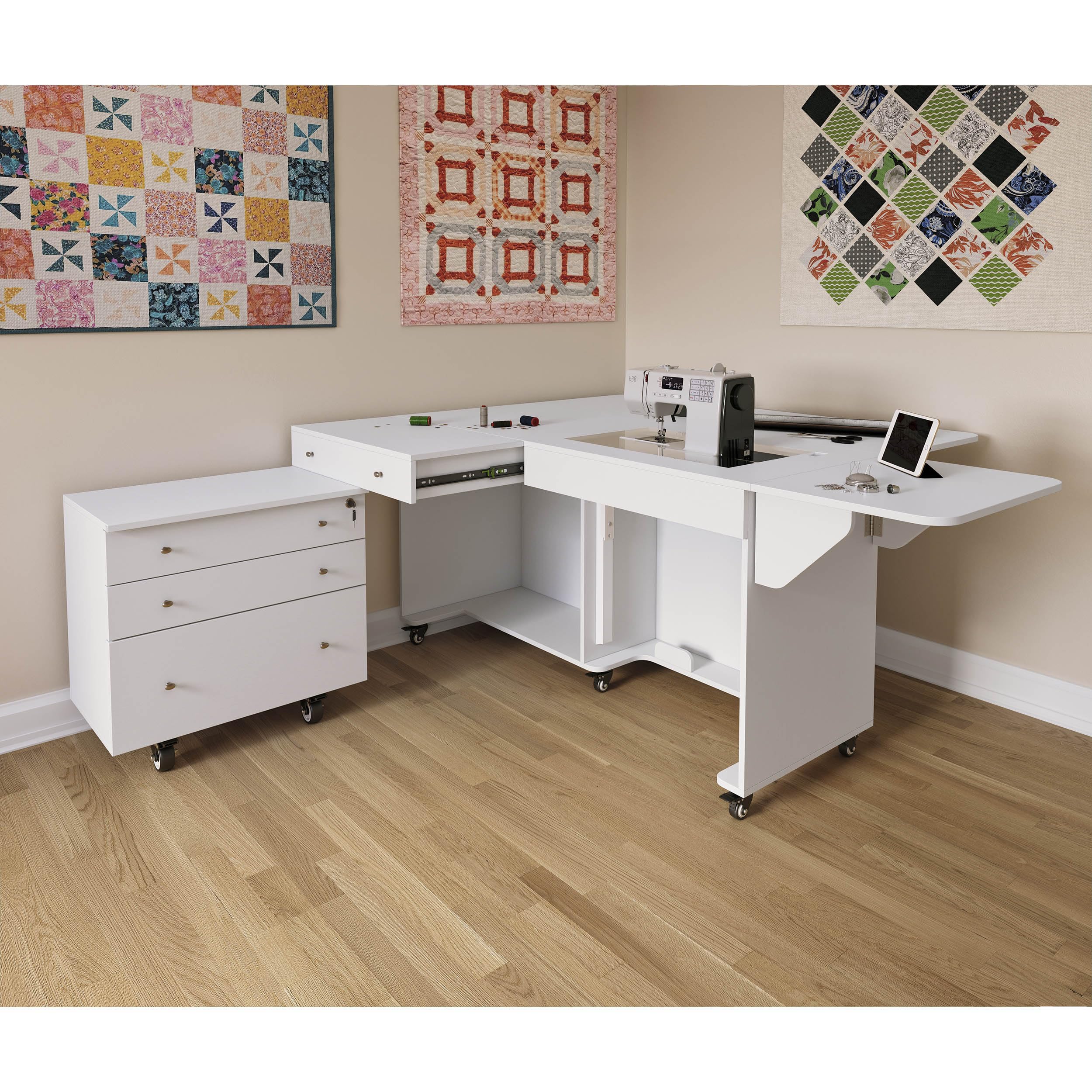 Kangaroo & Joey K8811 Sewing Cabinet – Dual Rail Electric Lift, Adjustable Sewing Table with Storage for Quilting & Crafting, Teak Finish