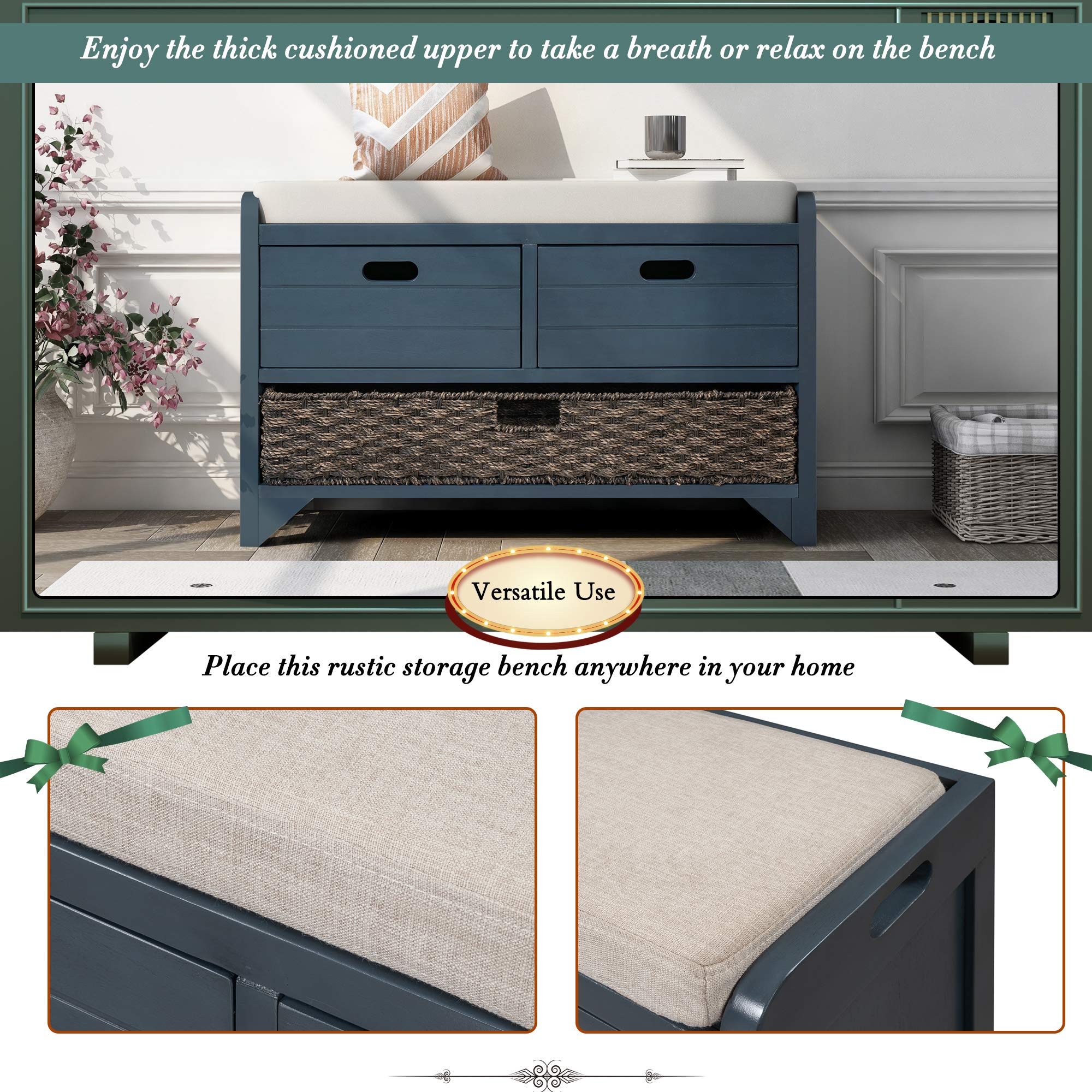 GDFStudio 2-Tier Shoe Storage Bench with Removable Basket & 2 Drawers, Farmhouse Entryway Shoe Organizer Bench with Upholstered Cushion, Wood Entry Bench Fully Assembled for Hallway Living Room, Navy
