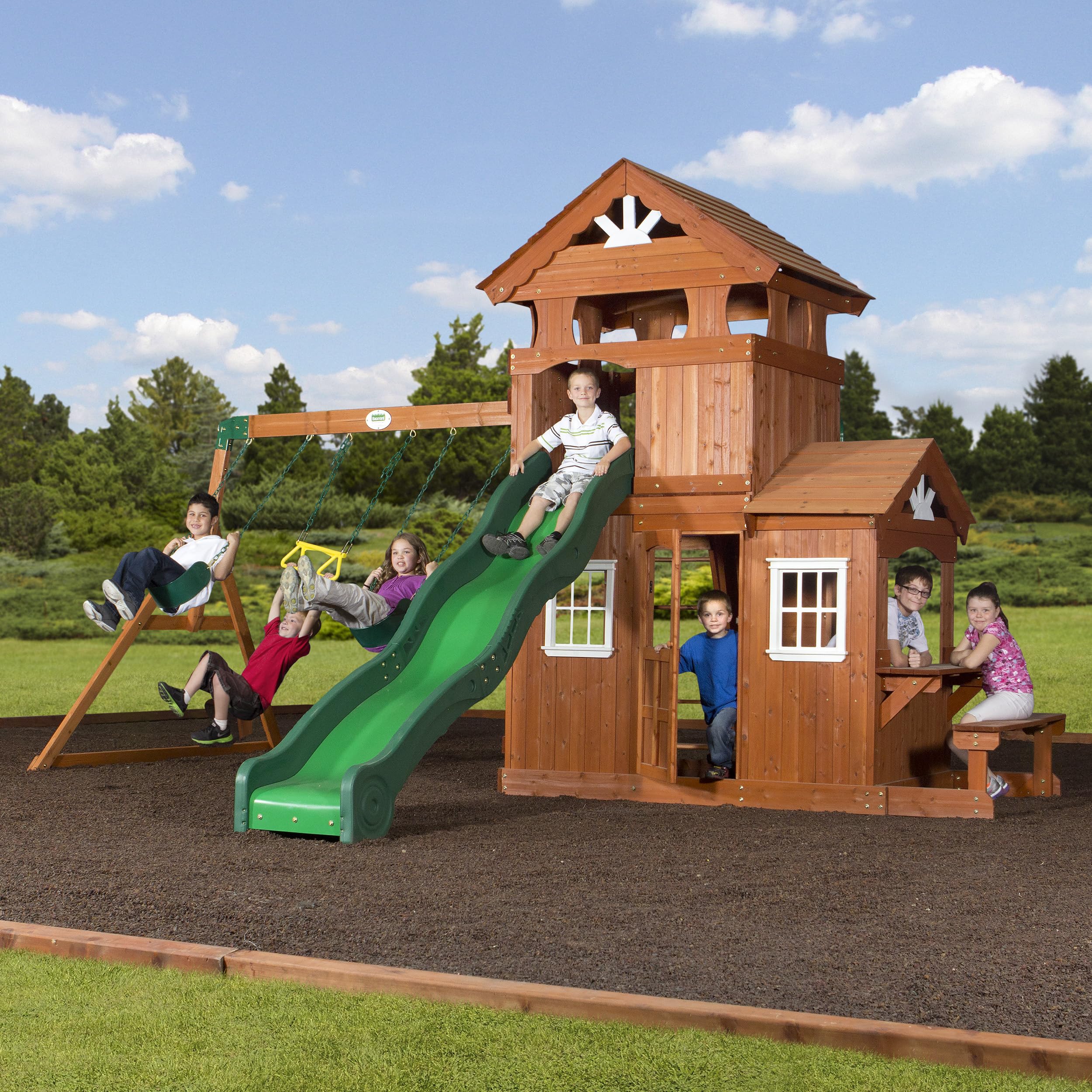 Backyard Discovery Shenandoah Cedar Wood Swing Set with Wave Slide, Raised Clubhouse, Playhouse, Play Kitchen, Belt Swings, Trapeze, Rock Wall, Ladder, Picnic Table, Full Door, Outdoor Playset