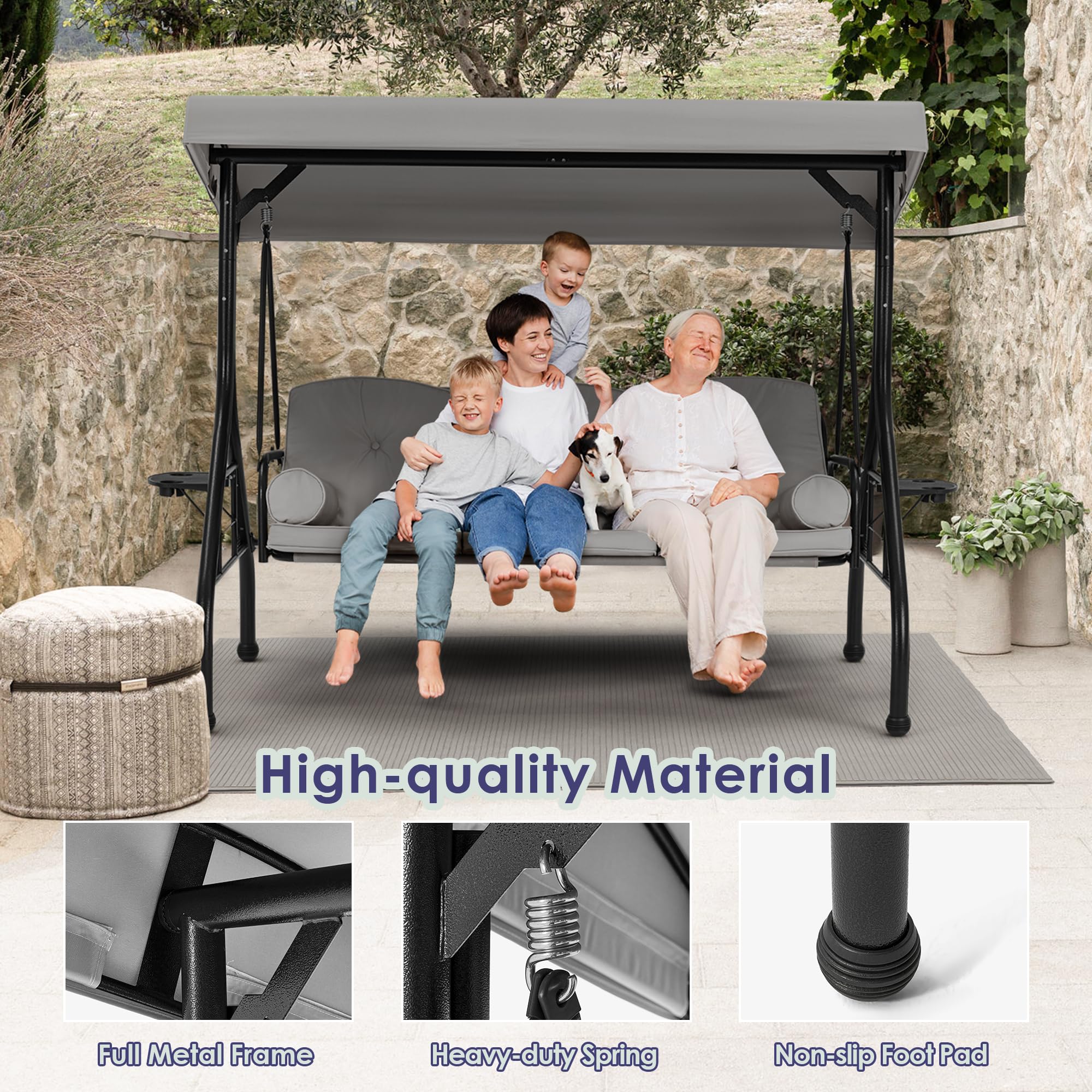 HOMREST 3 Seat Outdoor Porch Swing with 1.5" Deep Cup Holder, Adjustable Canopy,Patio Swing Bed with Stand, Patio Glider Swing with Thicken Cushions, Pillow(Grey)