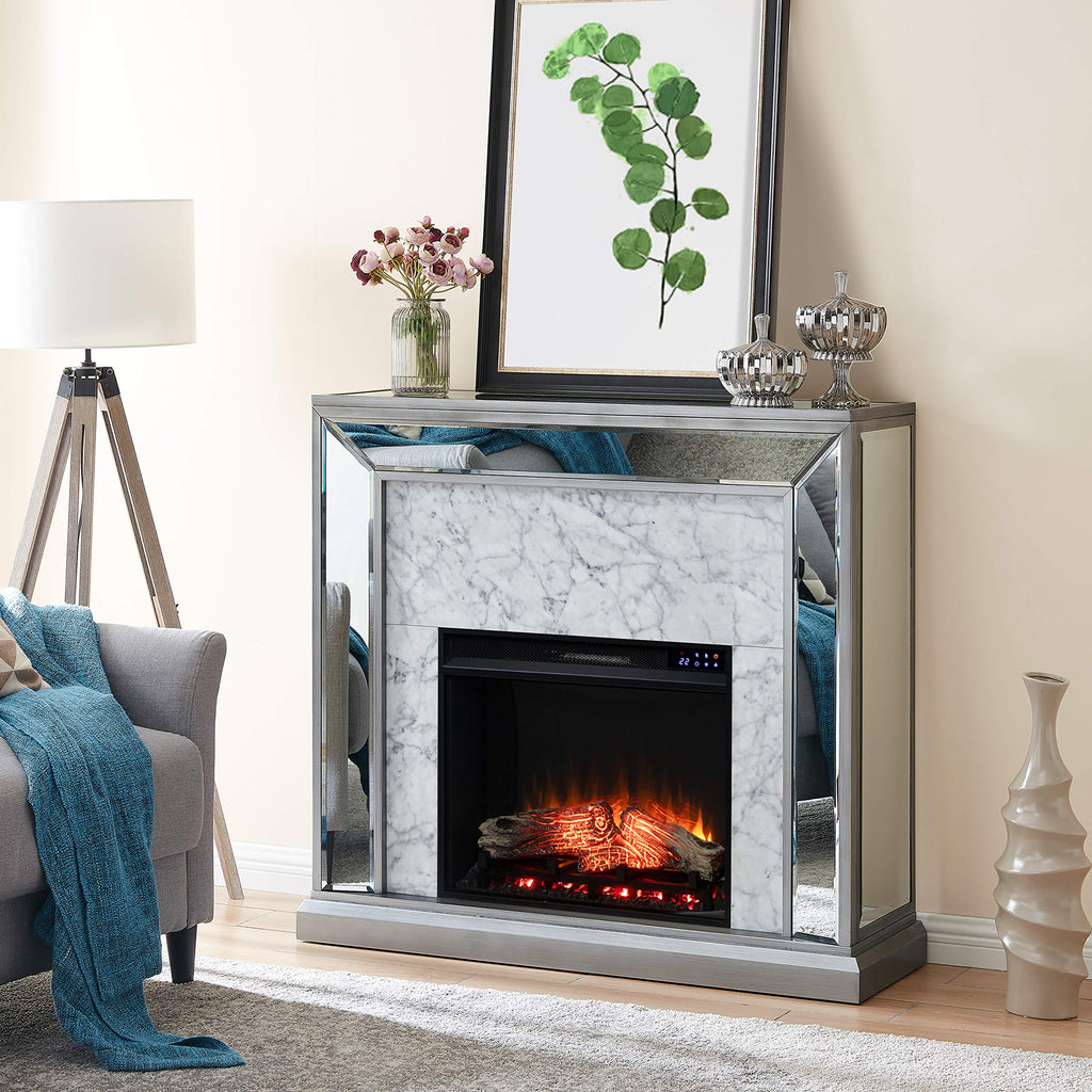 SEI Furniture - Trandling Mirrored Touch Screen Electric Fireplace with Faux Marble - Transitional Design, Grey Glass and Wood - Ideal for Living Room, Bedroom (FR1027359)