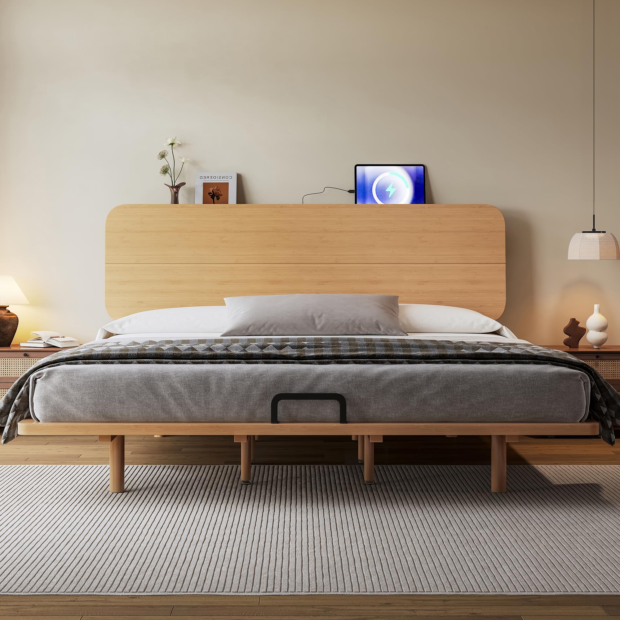 KEIKI King Size Bamboo Platform Bed with Headboard and USB Ports, Mid-Century Modern Floating Bed Frame with Solid Support Slats, No Box Spring Needed, Easy Assembly, Noise Free, for Bedroom, Natural