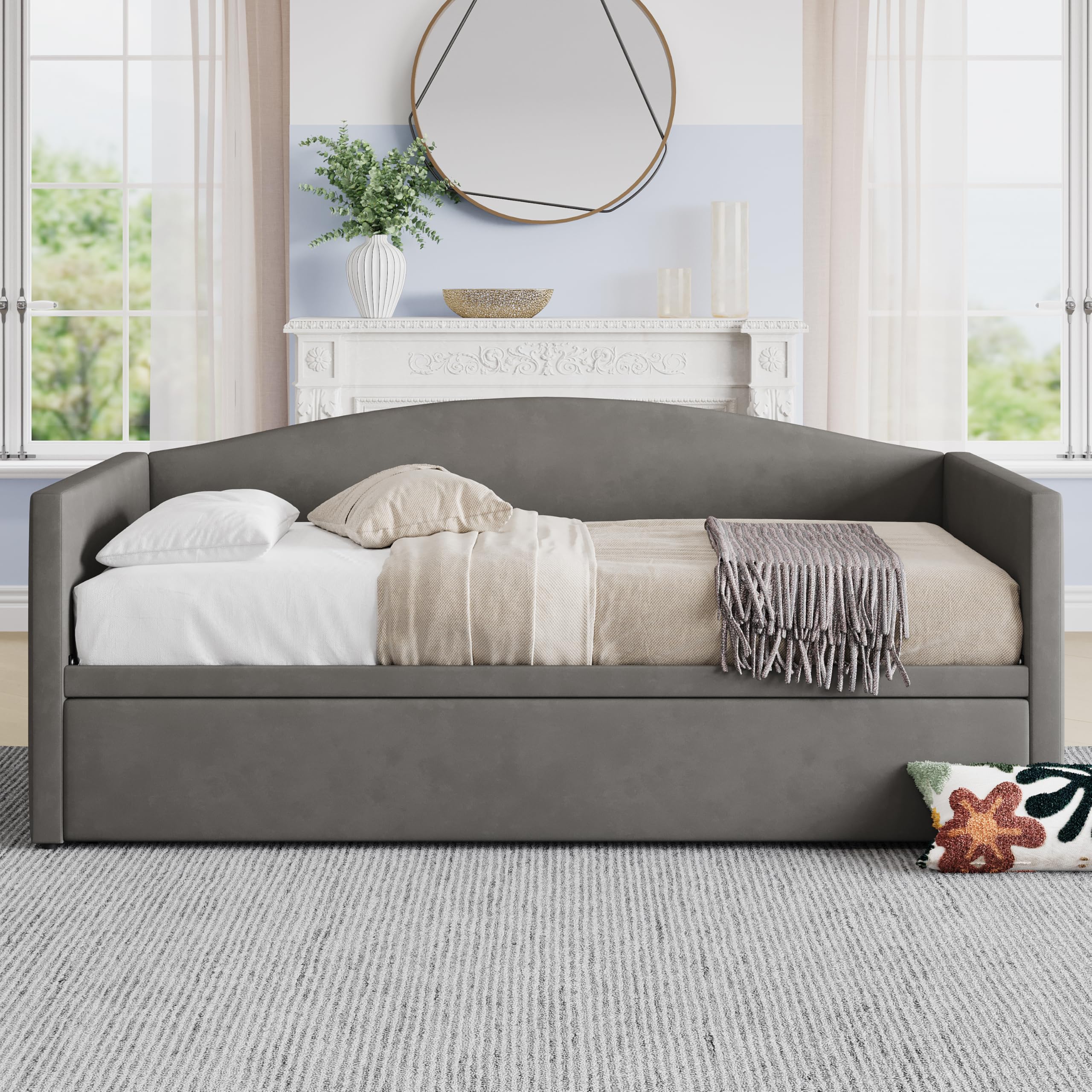 Merax Twin Size Velvet Daybed with Extended Pop Up Trundle, Upholstered Sofa Bed Daybed, Space-Saving Twin to King Design for Guest Room, Mattress not Included, Gray