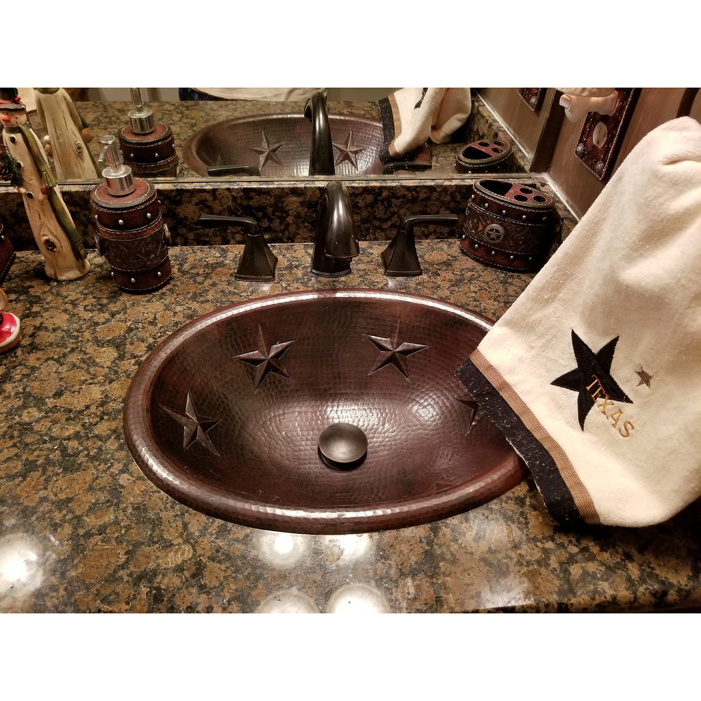 SimplyCopper 19" Oval Copper Bathroom Drop In Rolled Edge Sink with Star Design