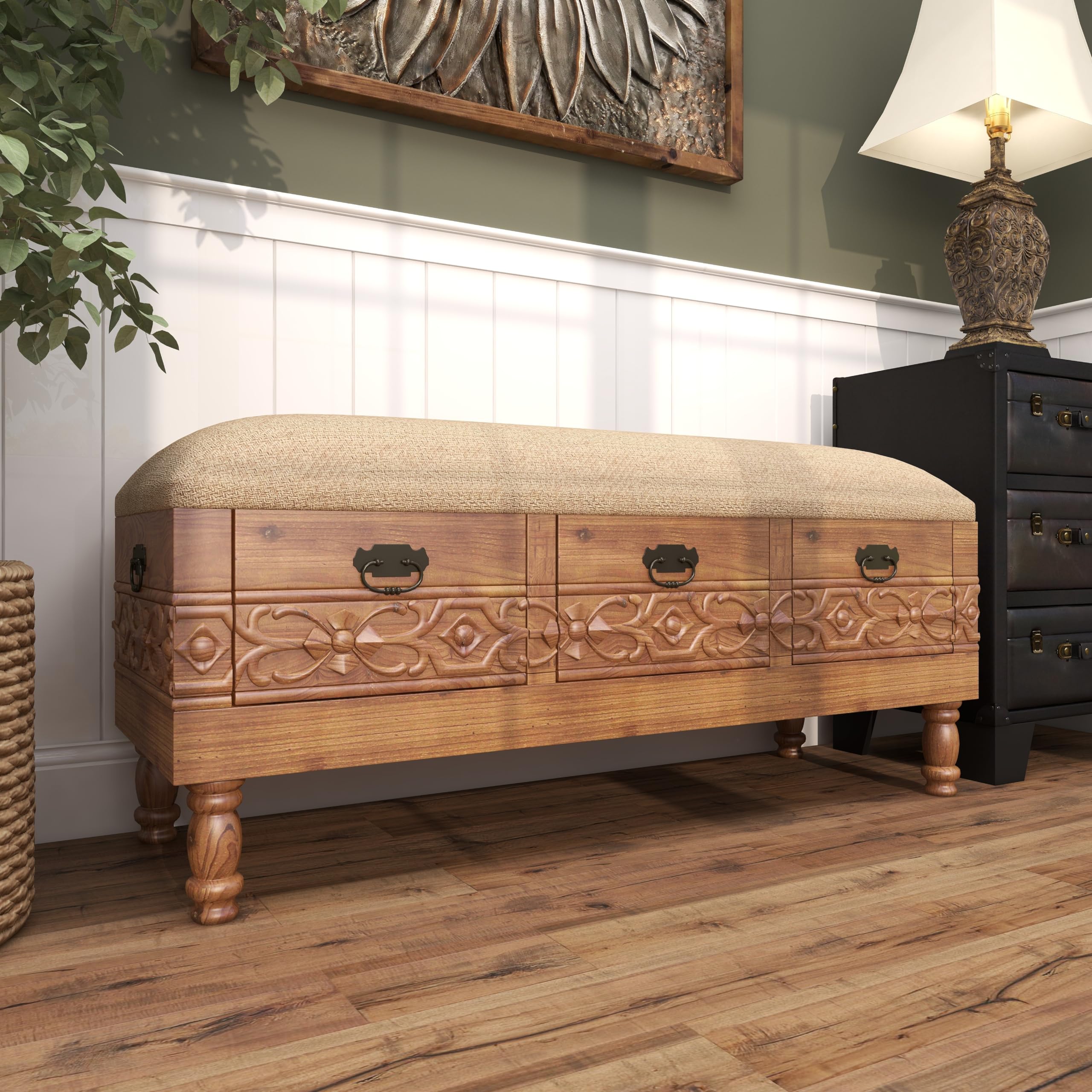 Deco 79 Wood Floral Room Storage Bench Intricately Carved Entryway Bench with Cream Burlap Top, Bench 47" x 16" x 20", Brown