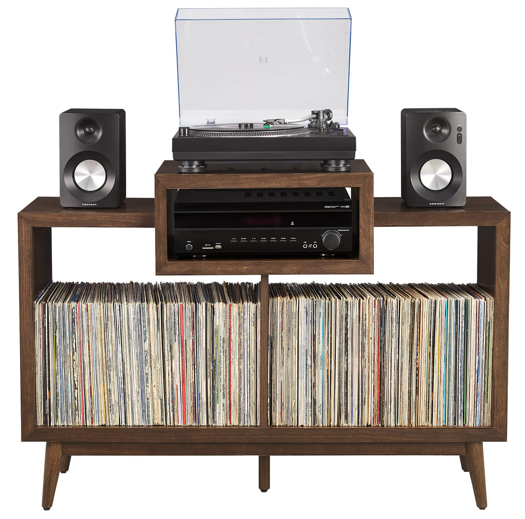 Crosley Furniture Nashville Mid Century Modern Console Record Player Stand, Stores Up to 220 Vinyl Records, Medium, Brown