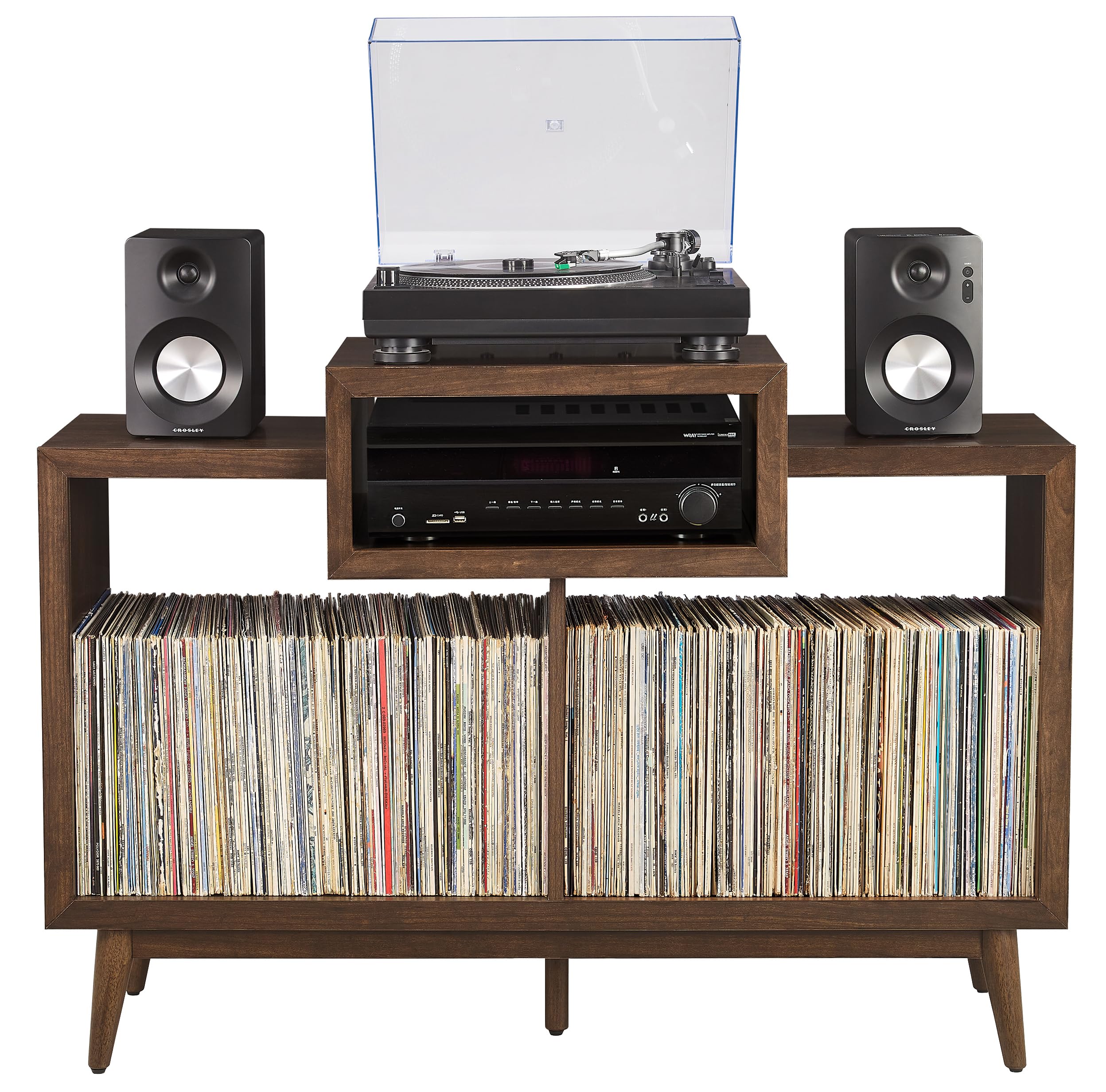 Crosley Furniture Nashville Mid Century Modern Console Record Player Stand, Stores Up to 220 Vinyl Records, Medium, Brown