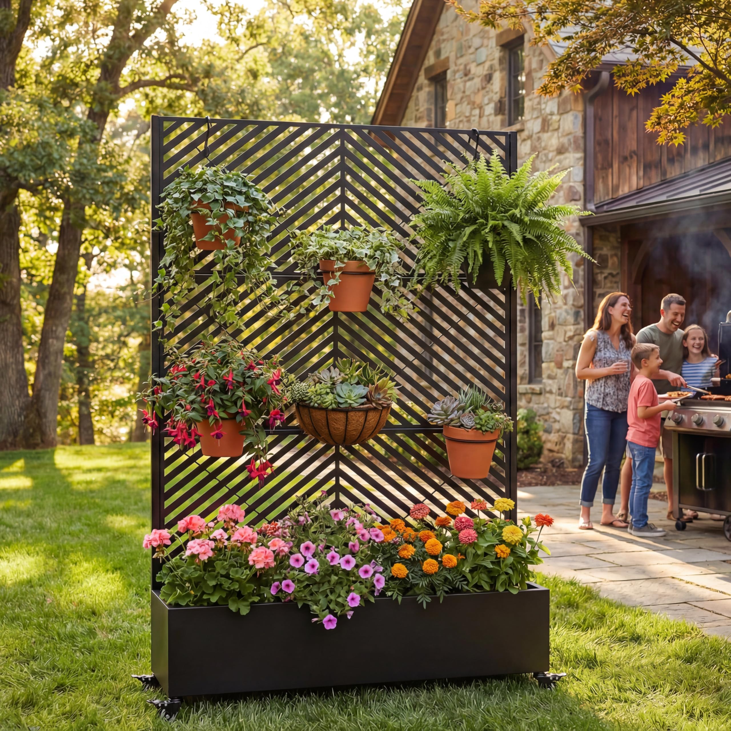 KEIKI 73"x47"x16" Planter Trellis Box with Wheels & Drain Plug, Outdoor Resin Raised Garden Bed for Climbing Plants, Large Weather-Resistant Design, Black