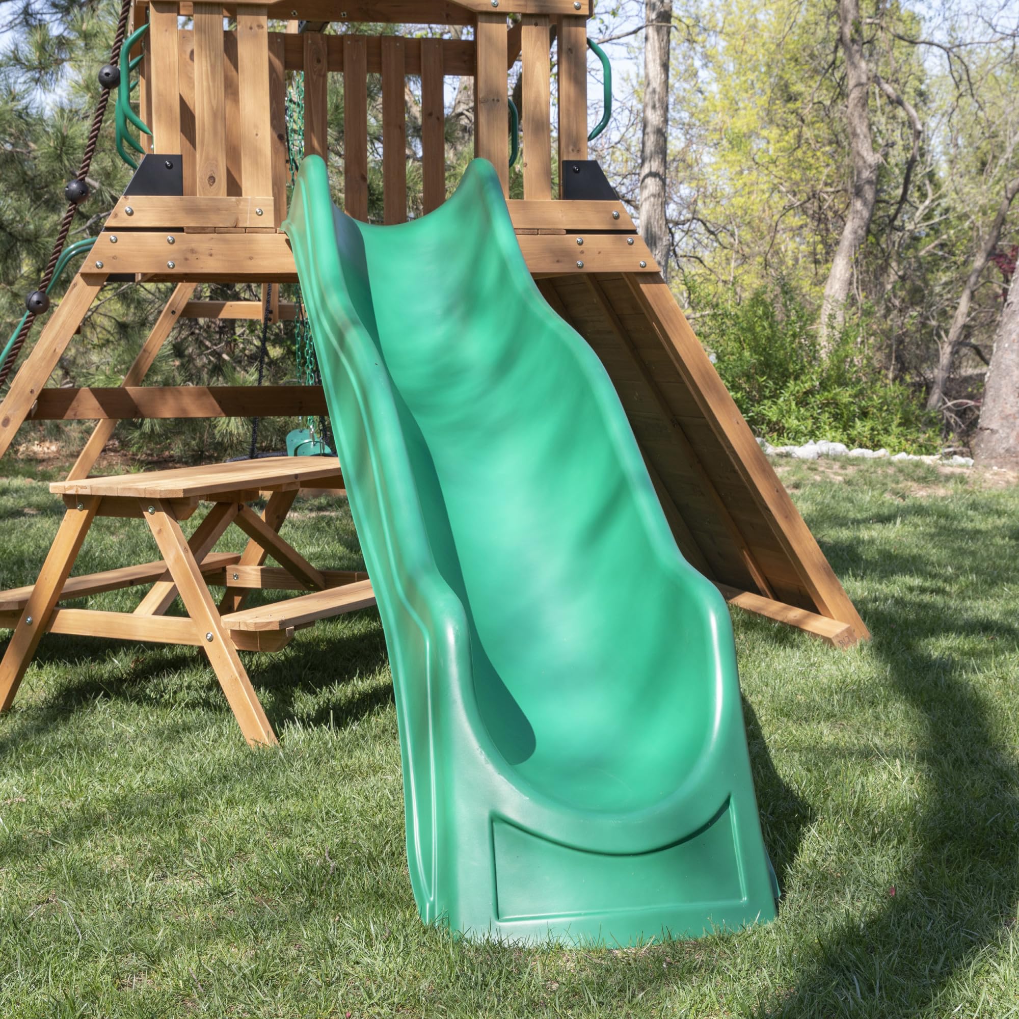 Backyard Discovery Endeavor II Cedar Wood Swing Set with Wave Slide, Play Deck, Double Rock Wall, Picnic Table, Climbing Wall, Belt Swings, Web Swing, Toy Telescope, Step Ladder, Outdoor Playset