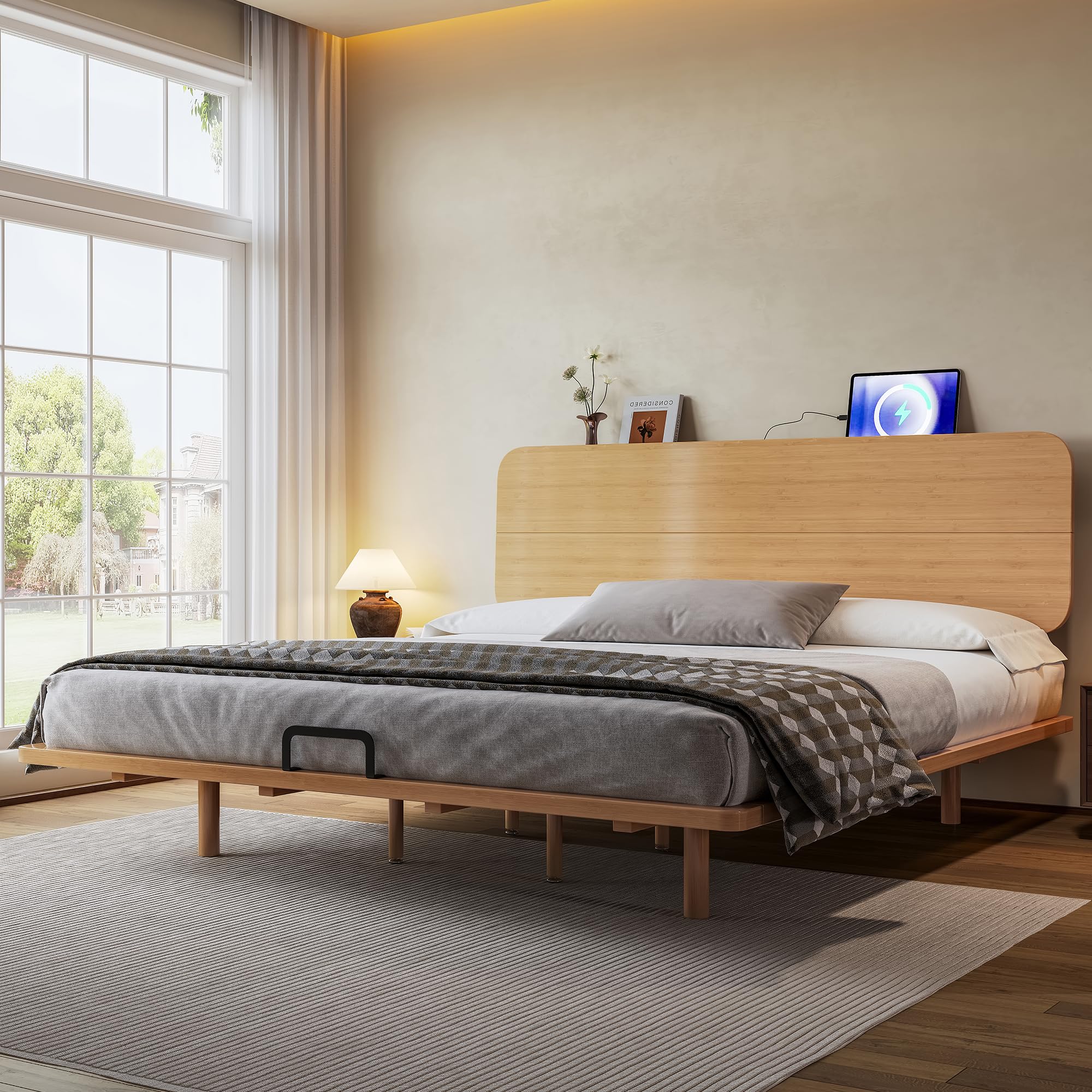 KEIKI King Size Bamboo Platform Bed with Headboard and USB Ports, Mid-Century Modern Floating Bed Frame with Solid Support Slats, No Box Spring Needed, Easy Assembly, Noise Free, for Bedroom, Natural