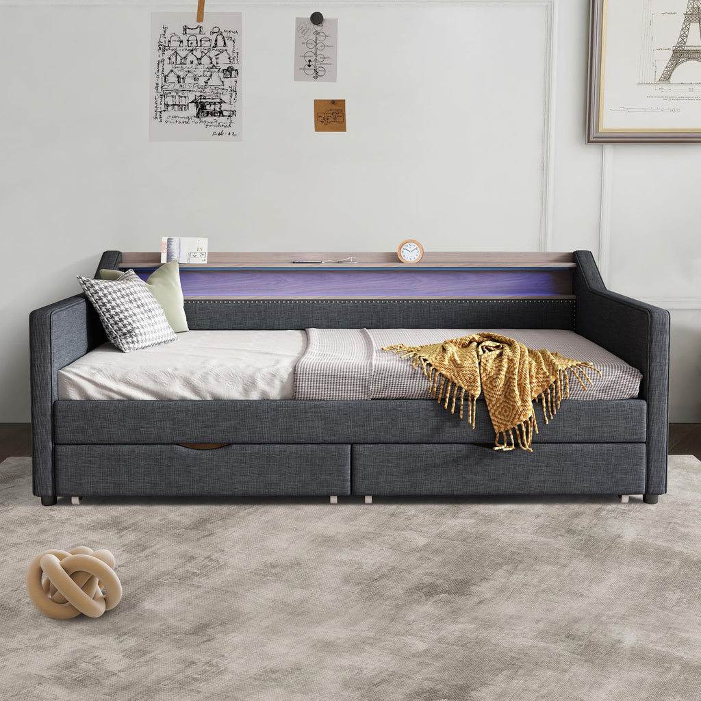 Ball & Cast Twin Size Daybed with Storage,Linen Upholstered Day Bed with 2 Drawers, Daybed Frame with USB Port and Smart LED Light,Wood Slat Support,No Box Spring Needed,Dark Grey