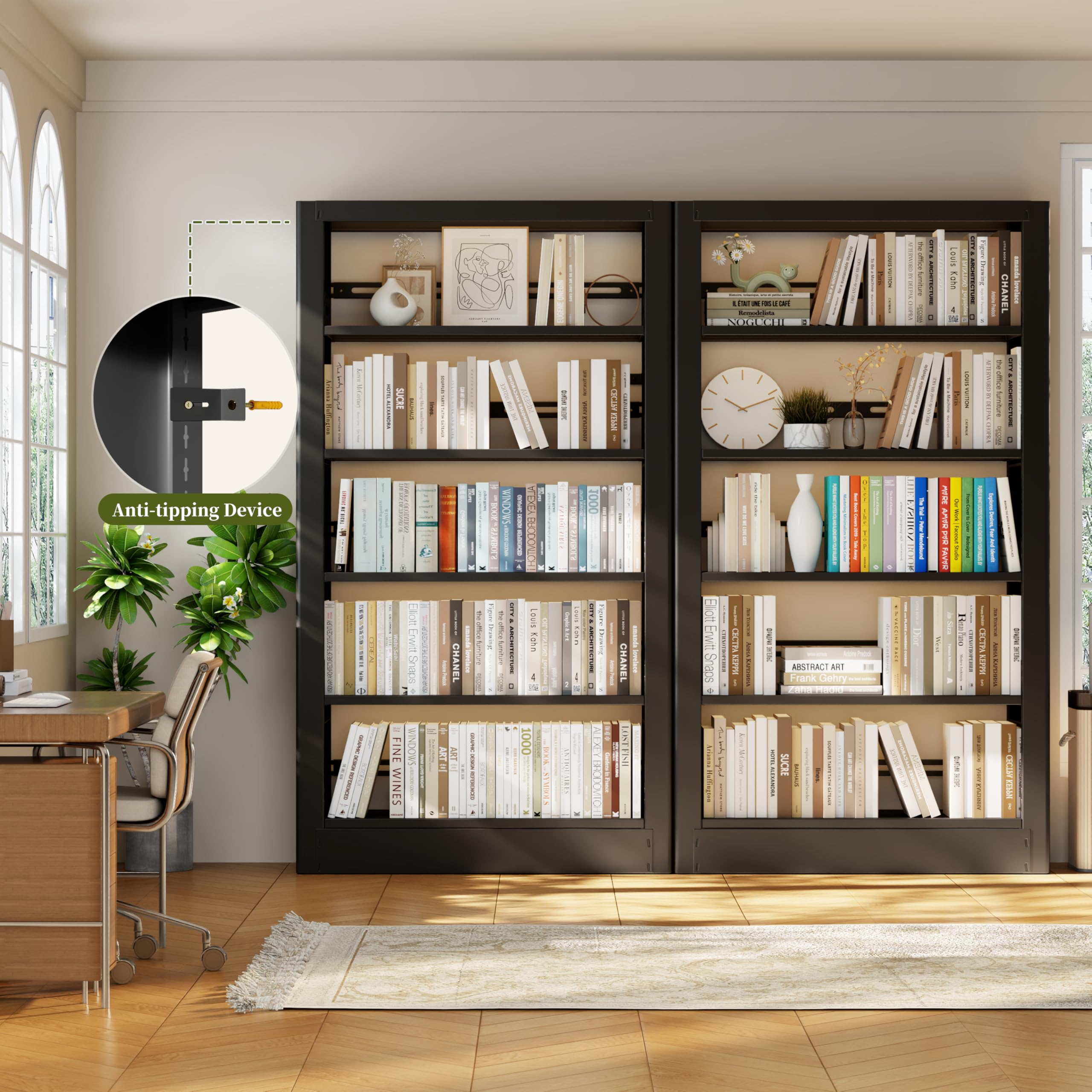 OpolQif Bookshelf, 71" H Tall Black Bookcase, 5-Tier Bookcase Metal Sturdy Bookshelf with Adjustable Shelves,Heavy Duty Book Cases for Living Room, Library, School, Study, Home Office(Black, 73" W)