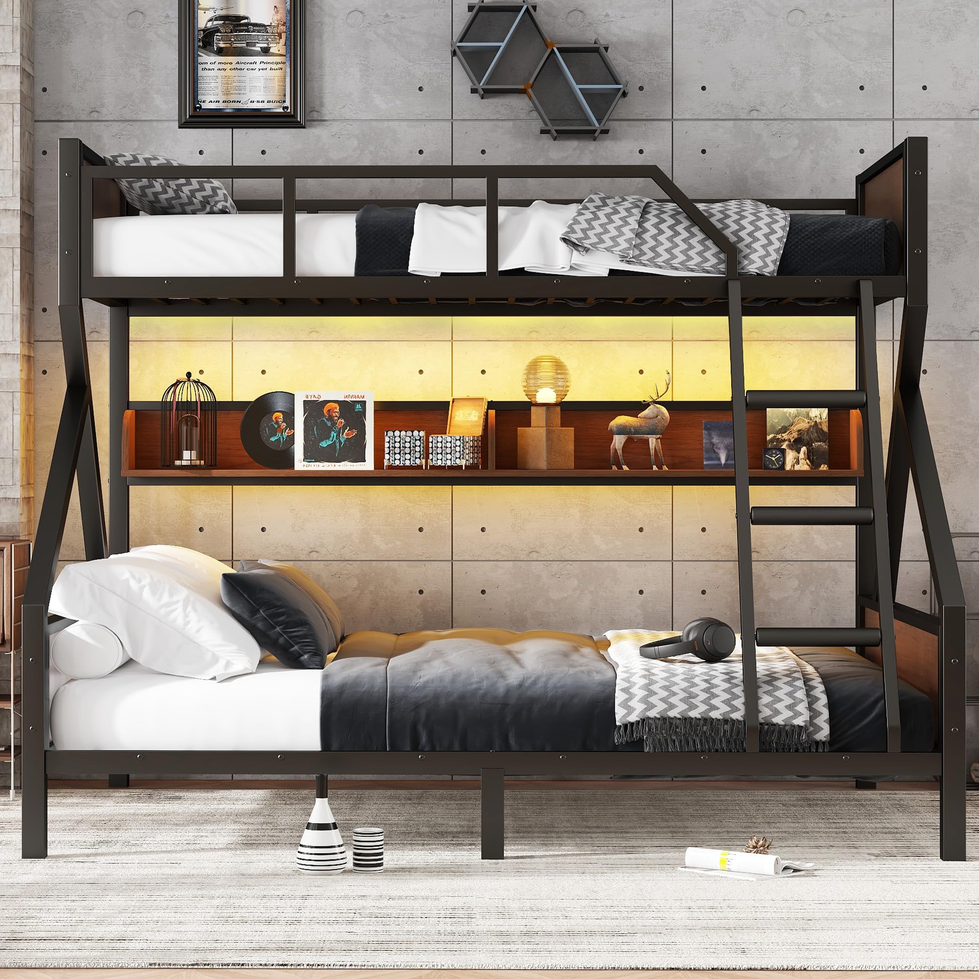 Bellemave Twin XL Over Queen Bunk Bed with Storage Shelf and RGB LED Lights, Adults Bunk Bed with Angle Padded Ladder, Heavy Duty Bunk Beds with Noise-Reducing Rubber Stoppers, Black
