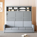Merax Queen Size Murphy Cabinet Bed with Sofa, Wood Folding Murphy Bed with Open Shelves, Space-Saving Wall Bed for Guest Room and Home Office