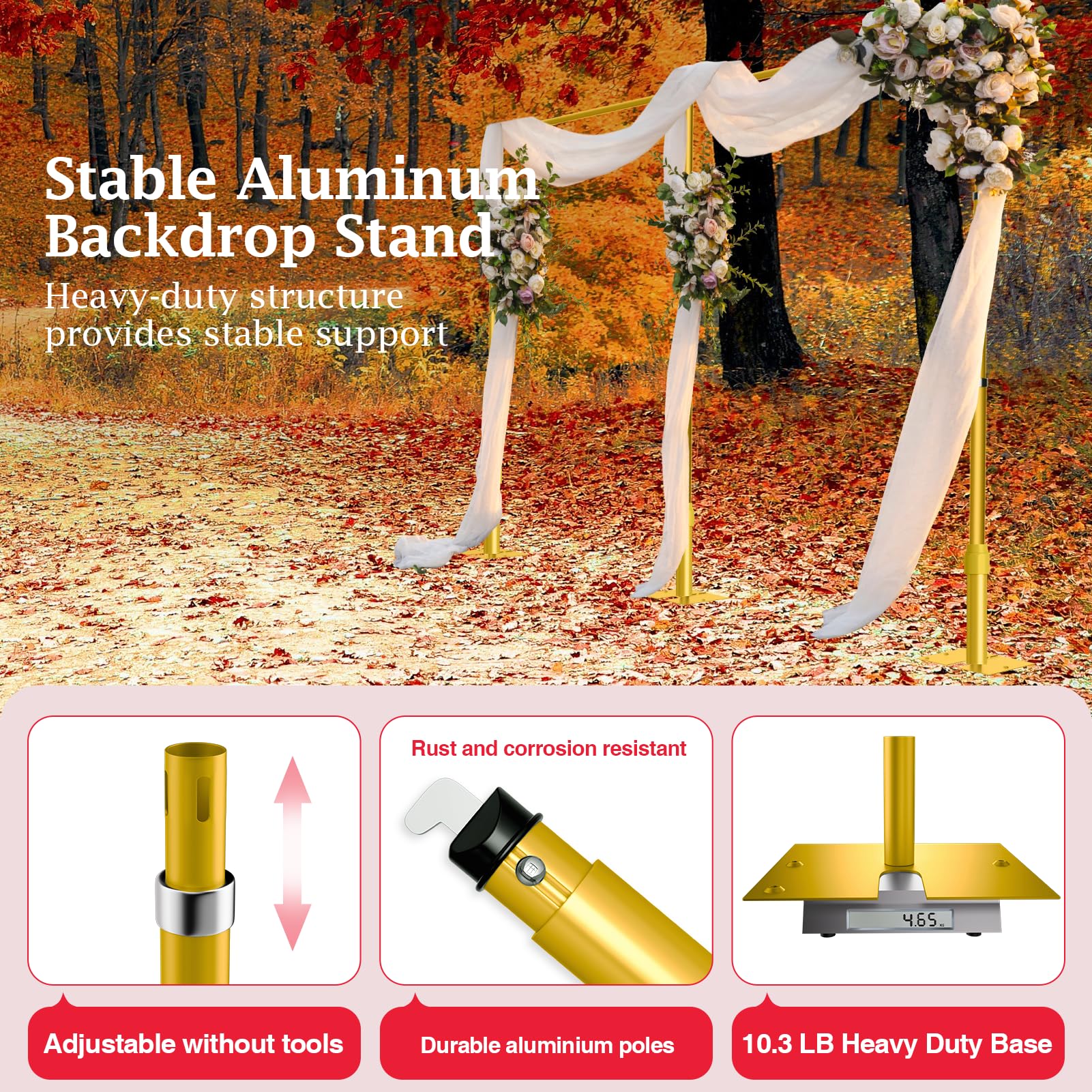 EMART Backdrop Stand Heavy Duty 8.9ftx20ft, Adjustable Pipe and Drape Photo Background Support Kit, Metal Frame with Flat Base for Wedding Birthday Party Banquet Decorations-Gold