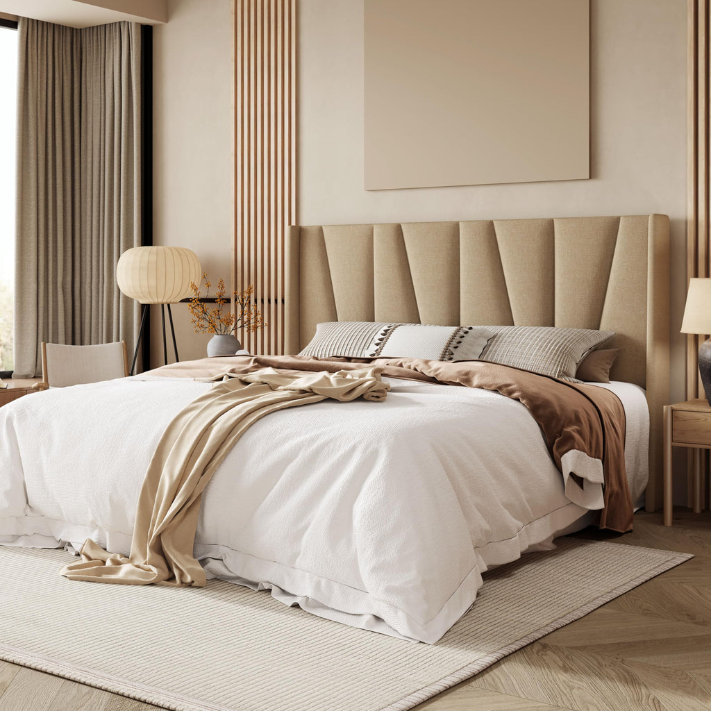 Allewie King Size Platform Bed Frame with Geometric Wingback Headboard, Boho Upholstered Bed with Wooden Slats Support, No Box Spring Needed, Easy Assembly, Beige