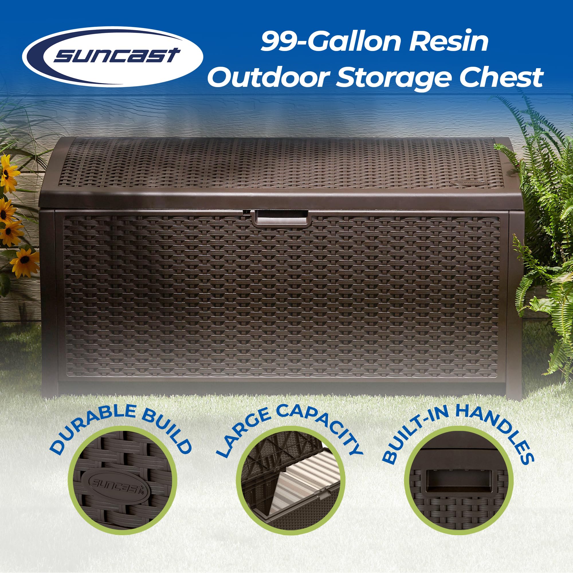 Suncast 99 Gallon Plastic Wicker Deck Box Container Storage for Garden, Garage, Home, Pool, Indoor and Outdoor Use, Mocha (2 Pack)