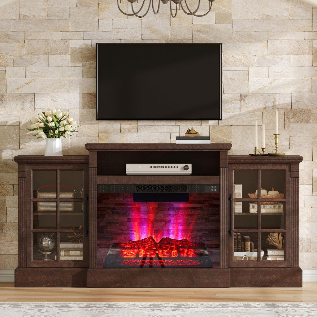 AMERLIFE 70" Farmhouse Fireplace TV Stand for TVs up to 80", Media Console with Storage Cabinets & Adjustable Shelves, Entertainment Center with 28" Electric Fireplace for Living Room, Rustic Brown