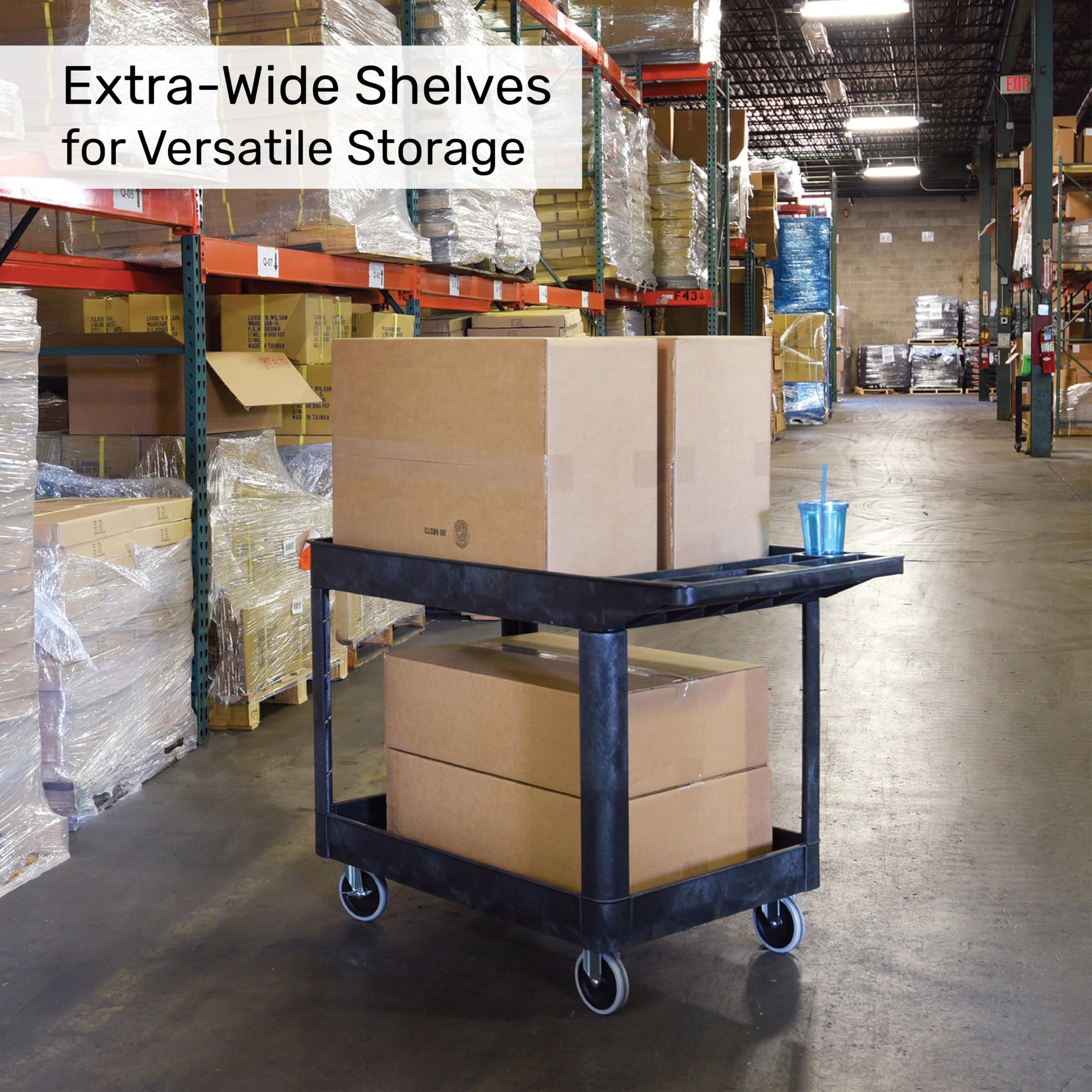 Tubstr Extra Large Two-Shelf Utility Cart with Wheels (2-Pack) | 500 lb. Capacity Rolling Utility & Tool Carts for Warehouses, Industrial Settings, Auto Garages, & More (Black, 45.5 x 24.5)