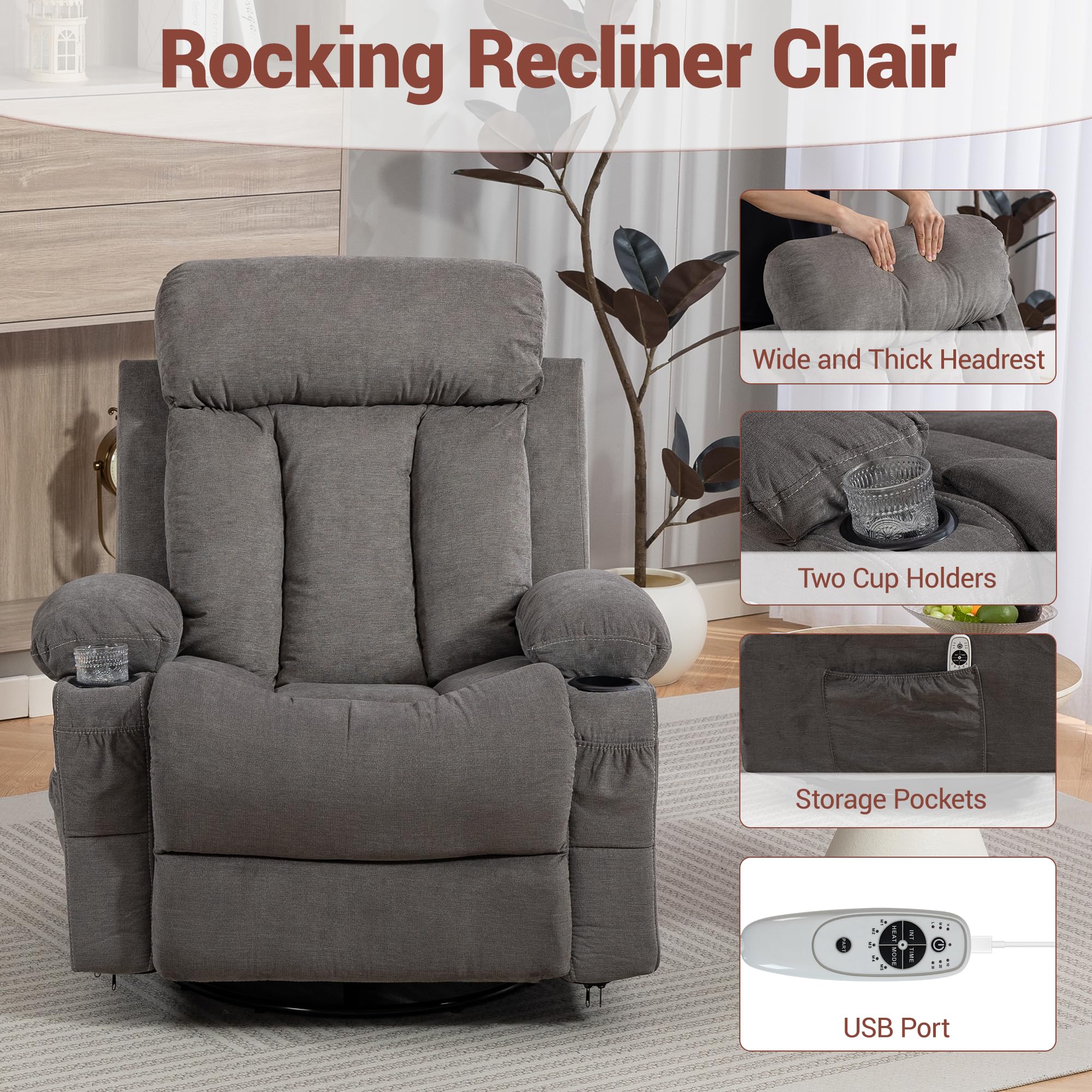 WINVO Rocker Recliner, Glider Recliner Chairs for Adults, 360° Swivel Recliner Chair w/Massage and Heating, Nursery Chair with Rocking Function, Side Pocket, Cup Holders for Living Room, Bedroom, Grey