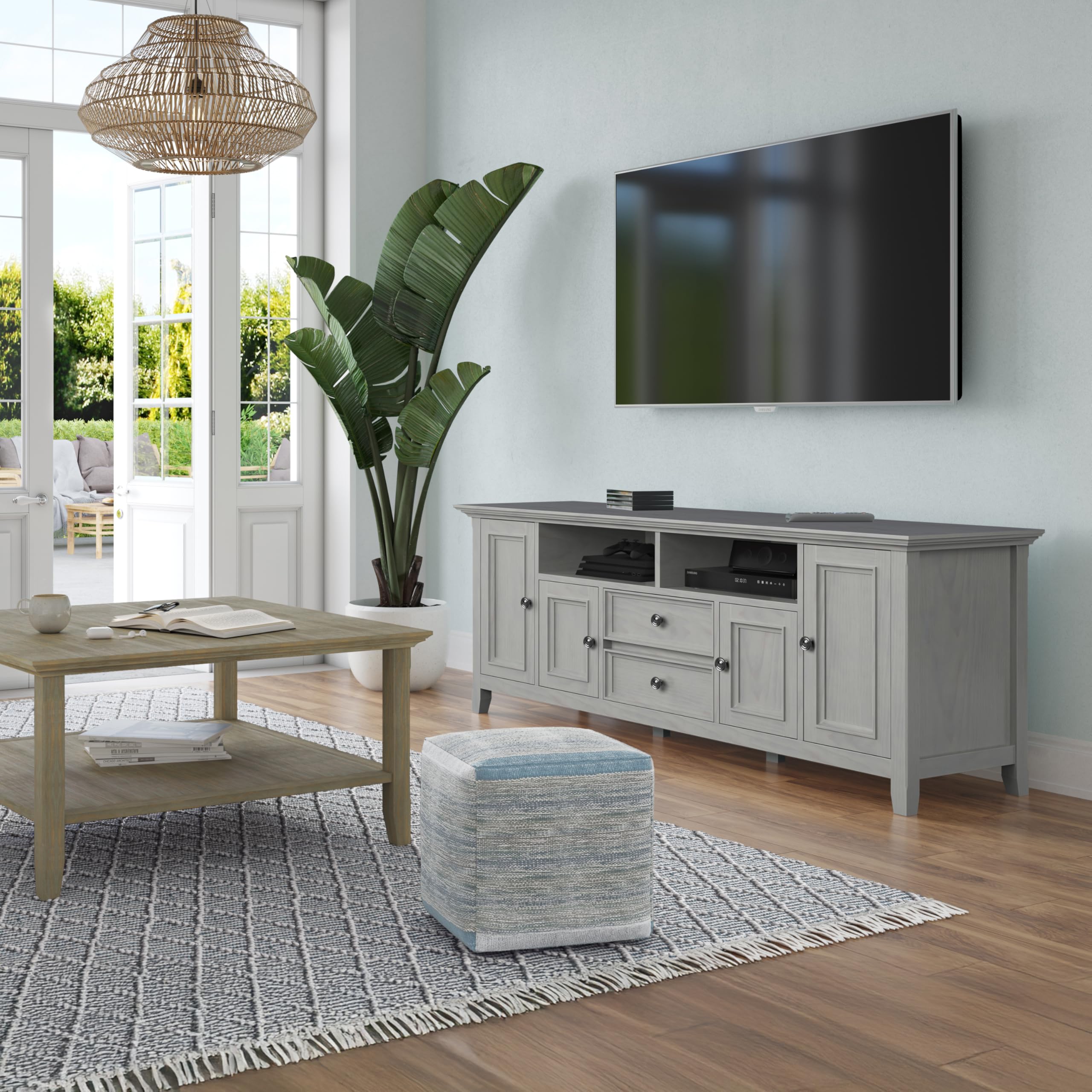 SIMPLIHOME Amherst TV Stand - 72 inch Wide Solid Wood Media Console in Fog Grey, Transitional Entertainment Center for Living Room for TVs up to 80 Inches with Shelves and Cable Management
