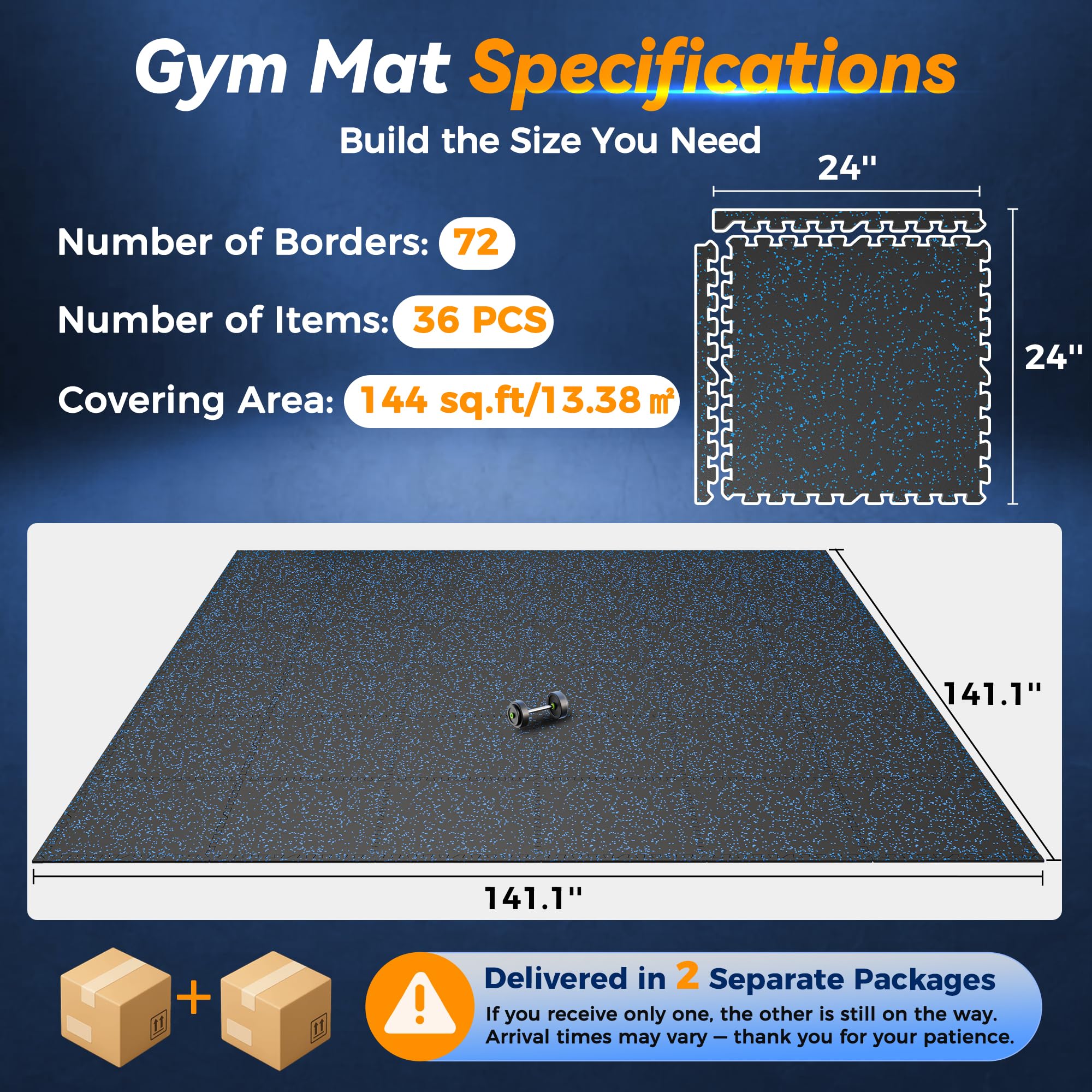 SUPERJARE 1" Extra-Thick Rubber Top Exercise Mat, Puzzle Gym Flooring for Home Gym, Gym Mat for Workout Equipment, Interlocking Floor Tiles with EVA Foam, 36 Pcs 144 Sq Ft, Black/Blue