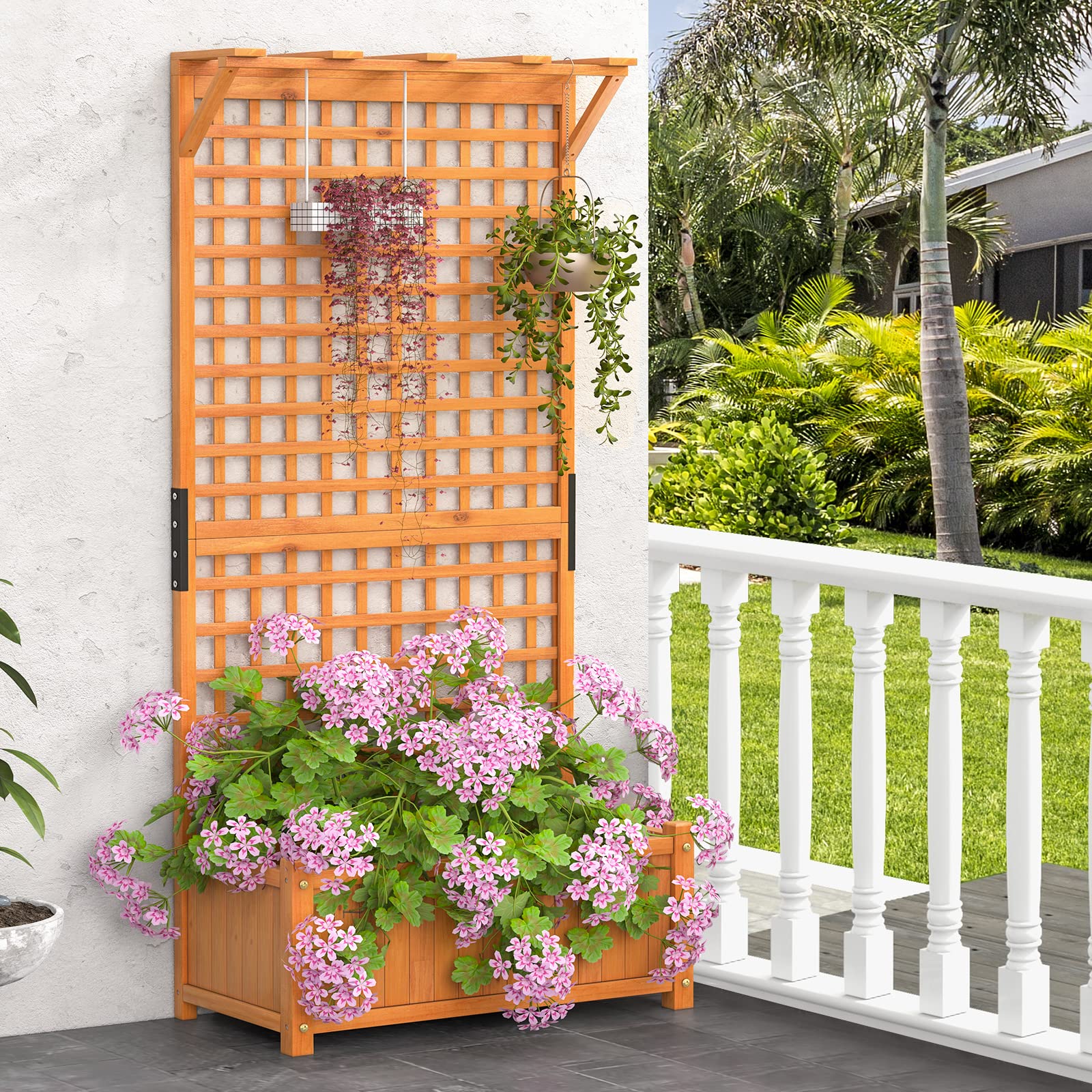COSTWAY Raised Garden Bed with Trellis, Indoor & Outdoor Wooden Planter Box with Hanging Roof, Drainage Holes, Freestanding Vertical Planter for Vines, Climbing Plants, Flowers, Vegetables
