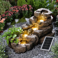 Pivotify 38.2" L Solar Water Fountain Outdoor,5-Tier Rock Waterfall Fountains Solar Powered Floor Standing Outdoor Water Feature with LED Lights for Patio, Garden,Porch, Yard, Home Art Decor（Brown）