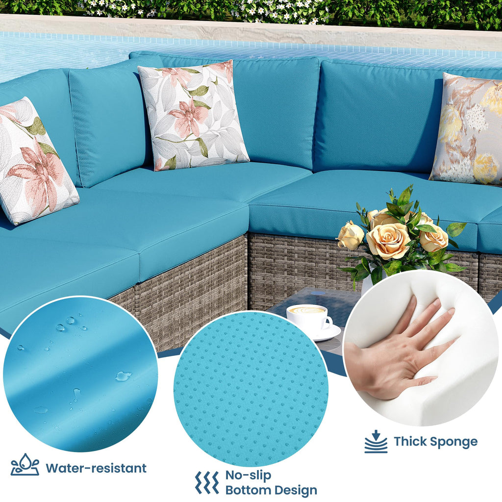 8 Pieces Outdoor Patio Furniture Set with 43" Fire Pit Table, Wicker Outdoor Patio Sectional Sofas with Cushions and Coffee Table, All-Weather Patio Conversation Set for Garden Backyard, Light Blue