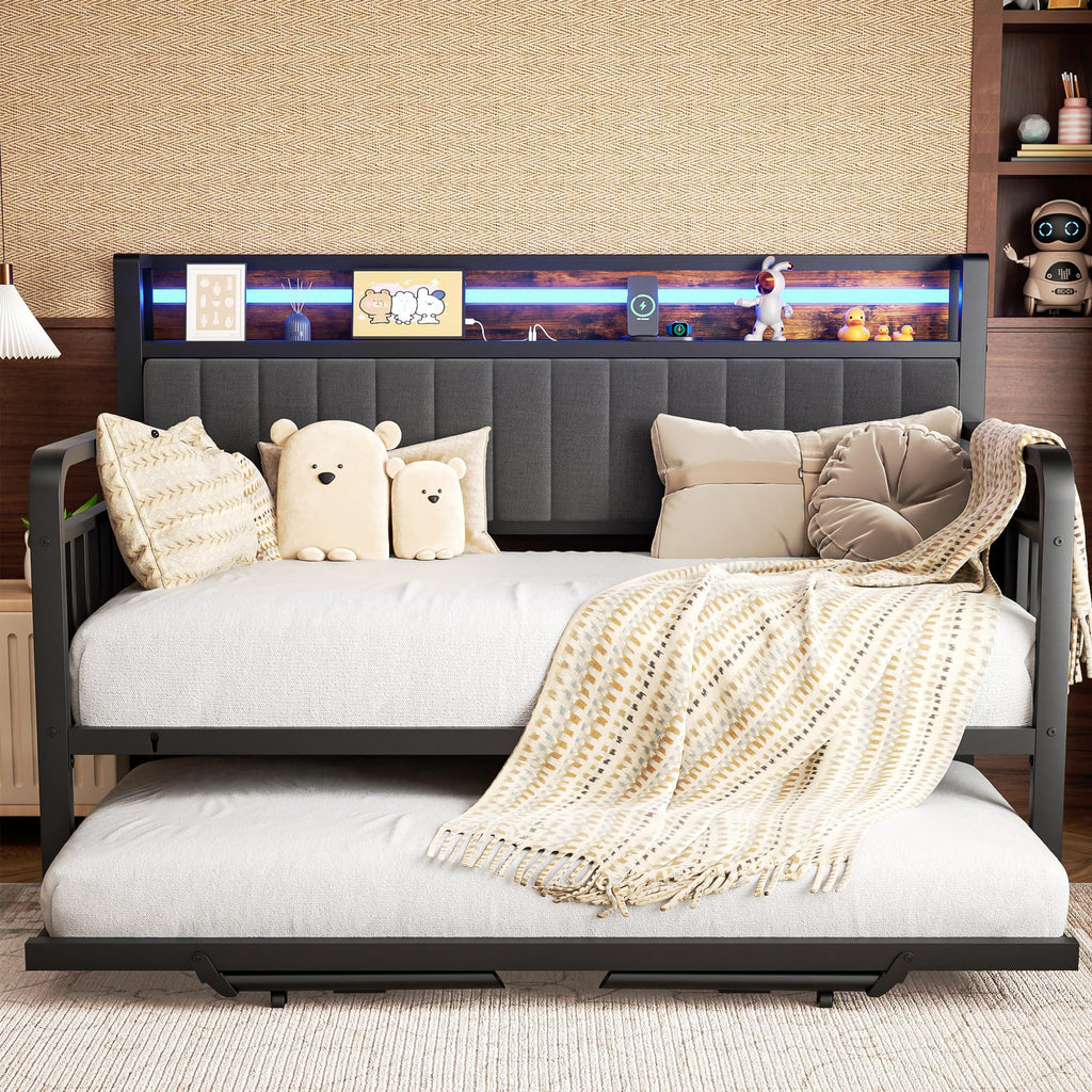 Daybed with Trundle and LED Light, Heavy Duty Metal Twin Bed Frame with Upholstered Storage Headboard & Charging Station, Day Bed Pop Up Trundle Bed Twin for Living Room,Bedroom and Guest Room, Brown