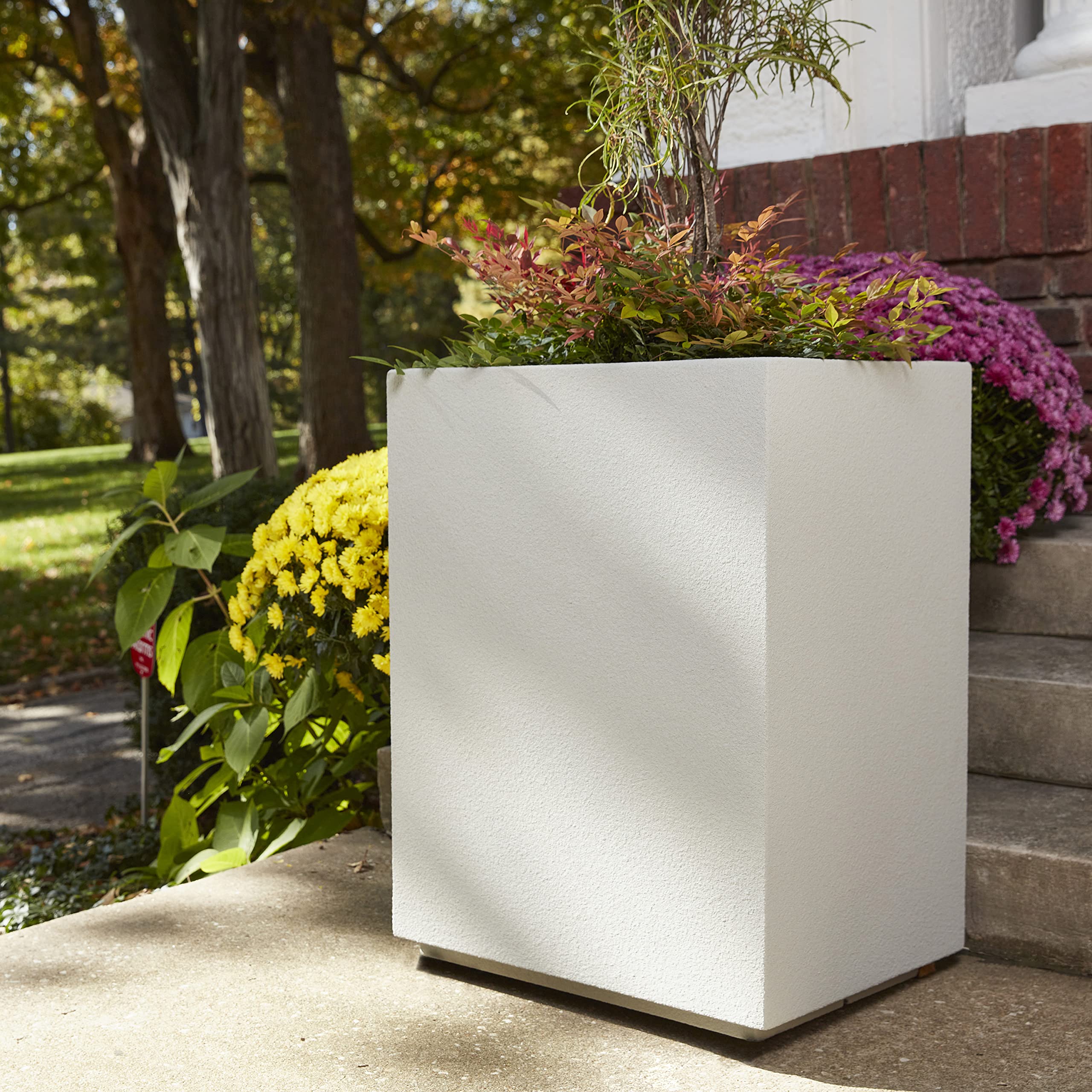 PolyStone Cozumel Column Planter – 23" x 18" x 30" – Large Indoor/Outdoor Planter Box for Patio & Garden – Modern Stone-Look Resin – Durable All-Weather w/Drainage Holes - Made in USA – Greige