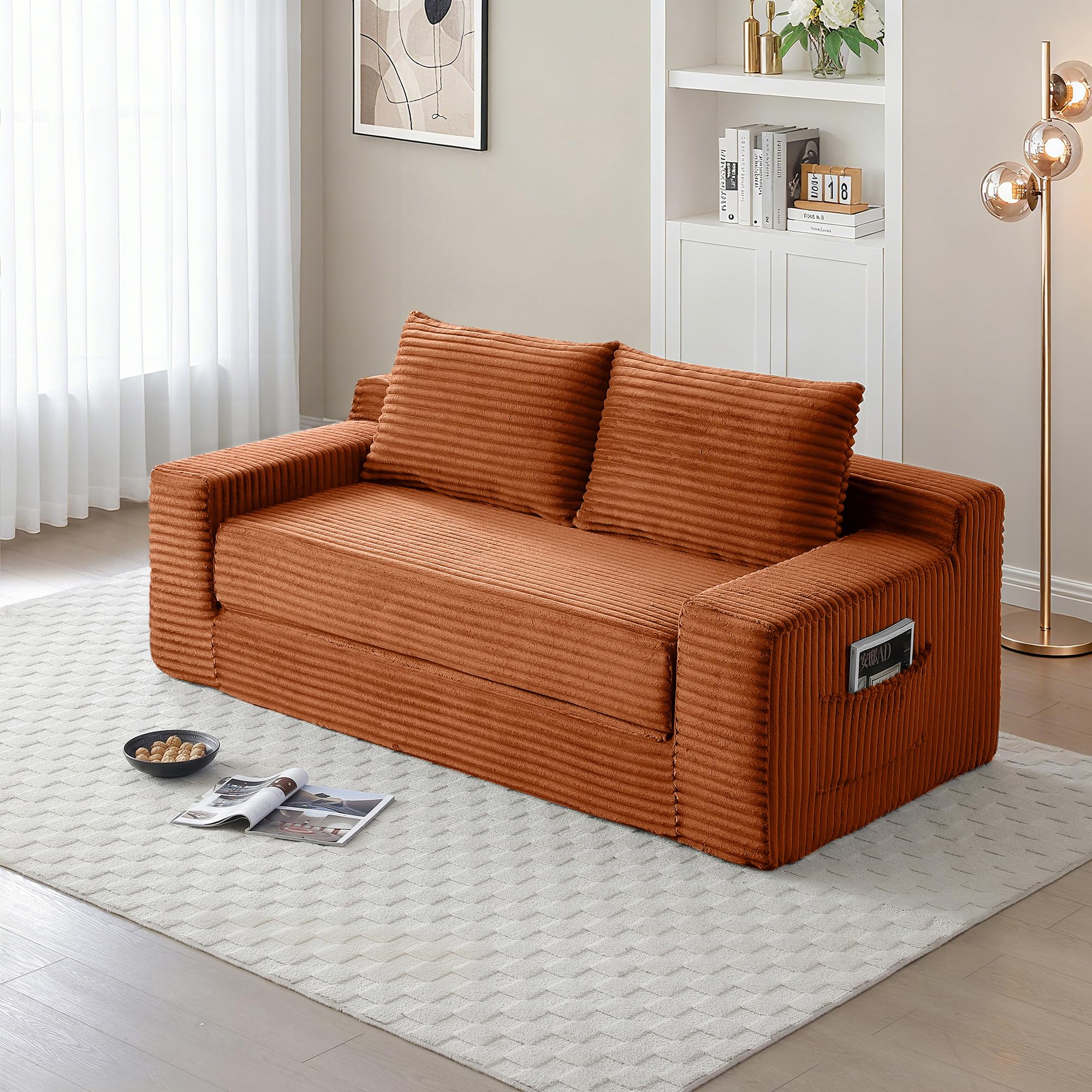 Zyerch 73" Convertible Sofa Bed, 2 in 1 Corduroy Folding Couch with Pillows, No Assembly Boneless Compression Sofa in Box, Loveseat with Side Storage Pocket for Apartment, Living Room, Orange