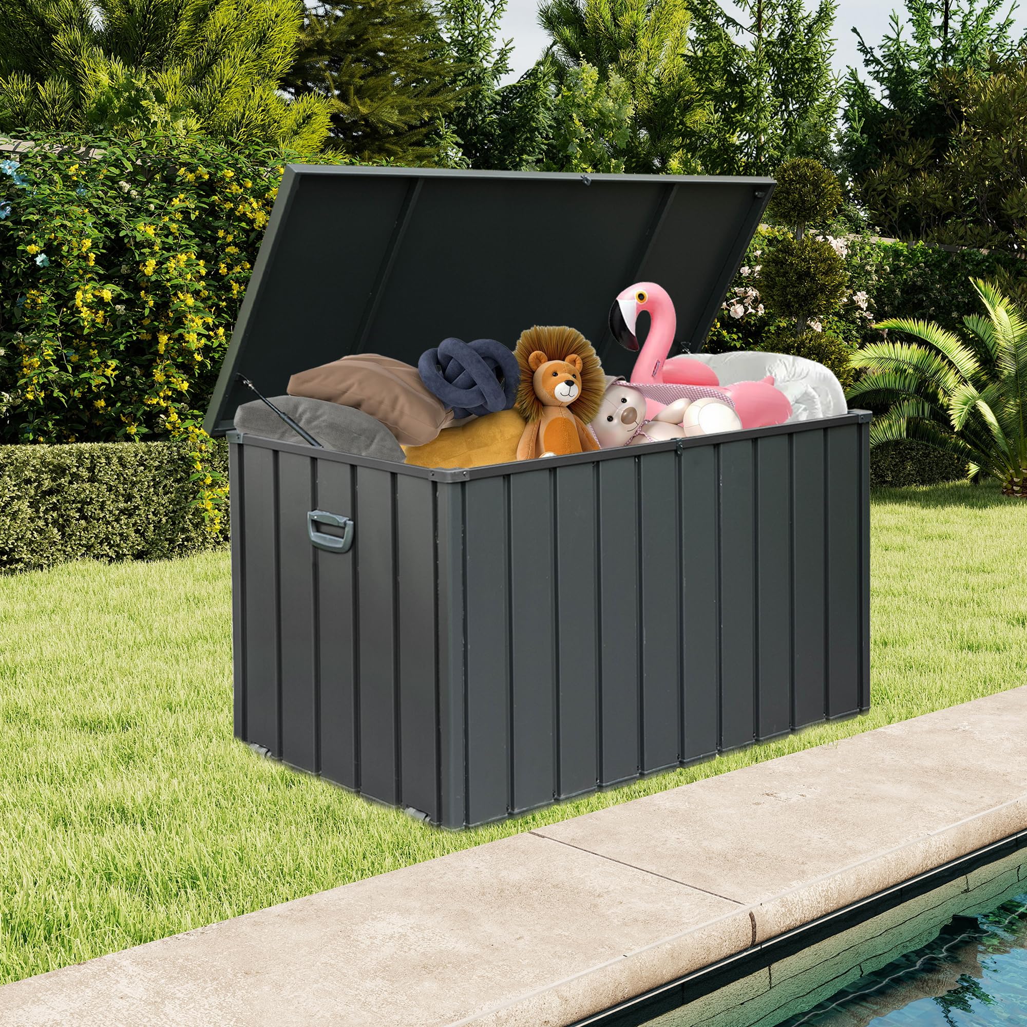 Domi Deck Box 190 Gallon, Waterproof Lockable Steel Outdoor Storage Container for Outside Cushions, Garden Tools and Pools Equipment, Gray