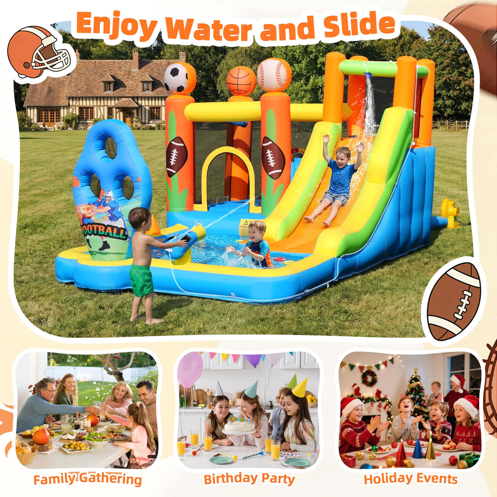 TOAOB Inflatable Water Slide for Kids 3-12: Blow Up Bounce House Backyard Water Park with 480W Blower- 9 in 1 Football-Themed for Outdoor Birthday Party