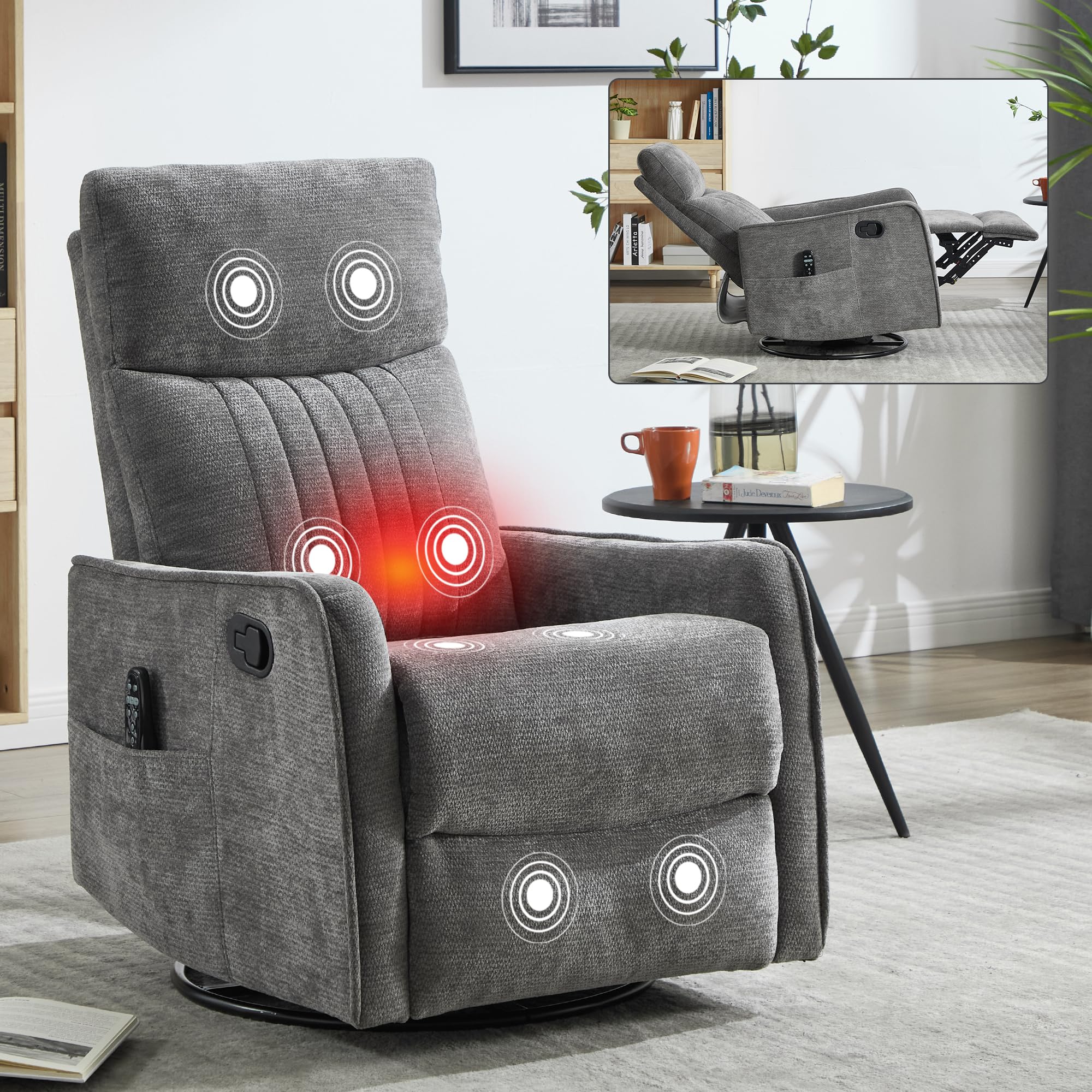 KEIKI 4-in-1 Manual Swivel Rocker Recliner Chair for Living Room, Chenille Nursery Glider Rocking Chairs with Back Massager & Heat, Ideal for Senior Adults True Relaxation, Dark Gray