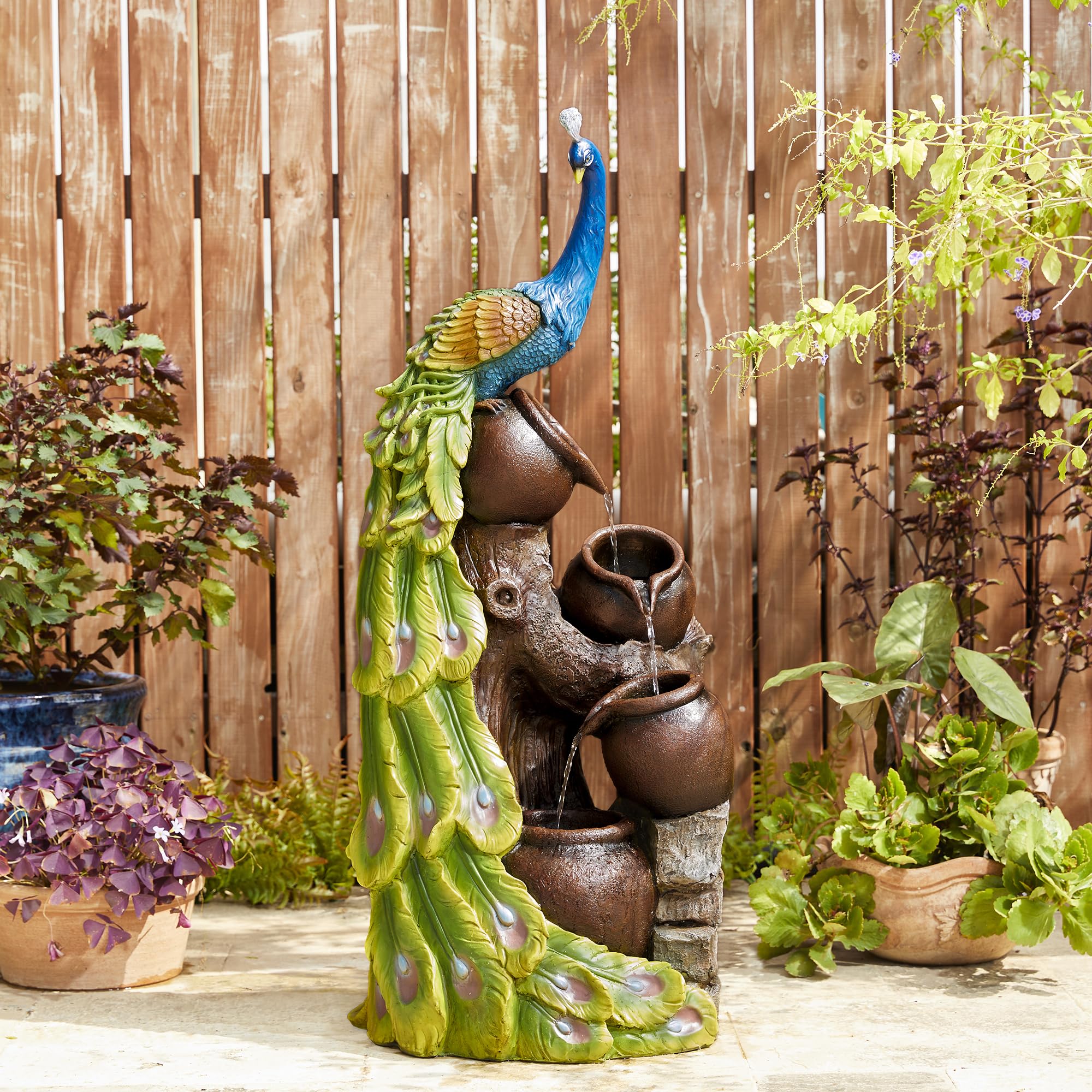Glitzhome Oversized 4-Tiered Peacock and Jars Polyresin Outdoor Floor Fountain with Pump and LED Light, 40" H
