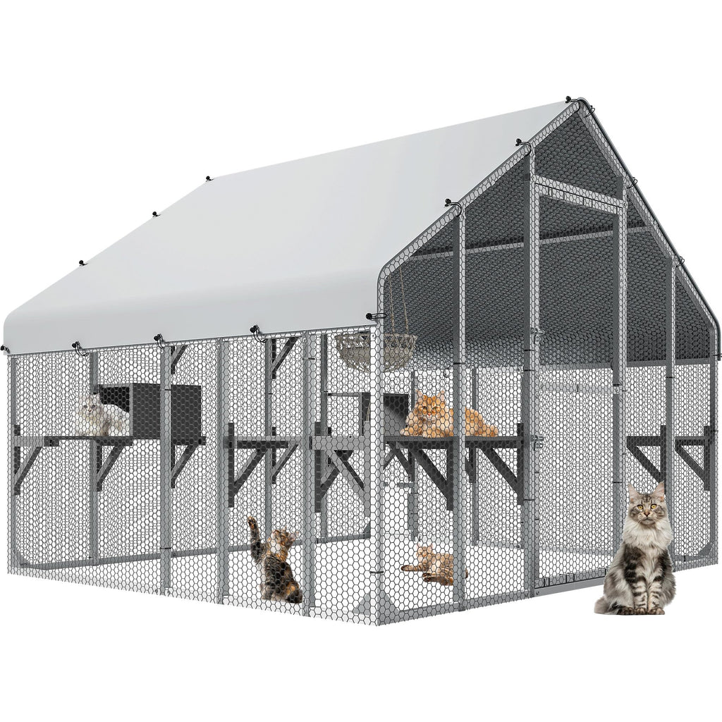 YITAHOME 94 Inch Outdoor Cat Enclosure, Extra Large Outdoor Cat House for Multiple Cats, Metal Cat Cage with Weatherproof Roof, 7 Platforms, 2 Resting Box and Cat Hammock Bed