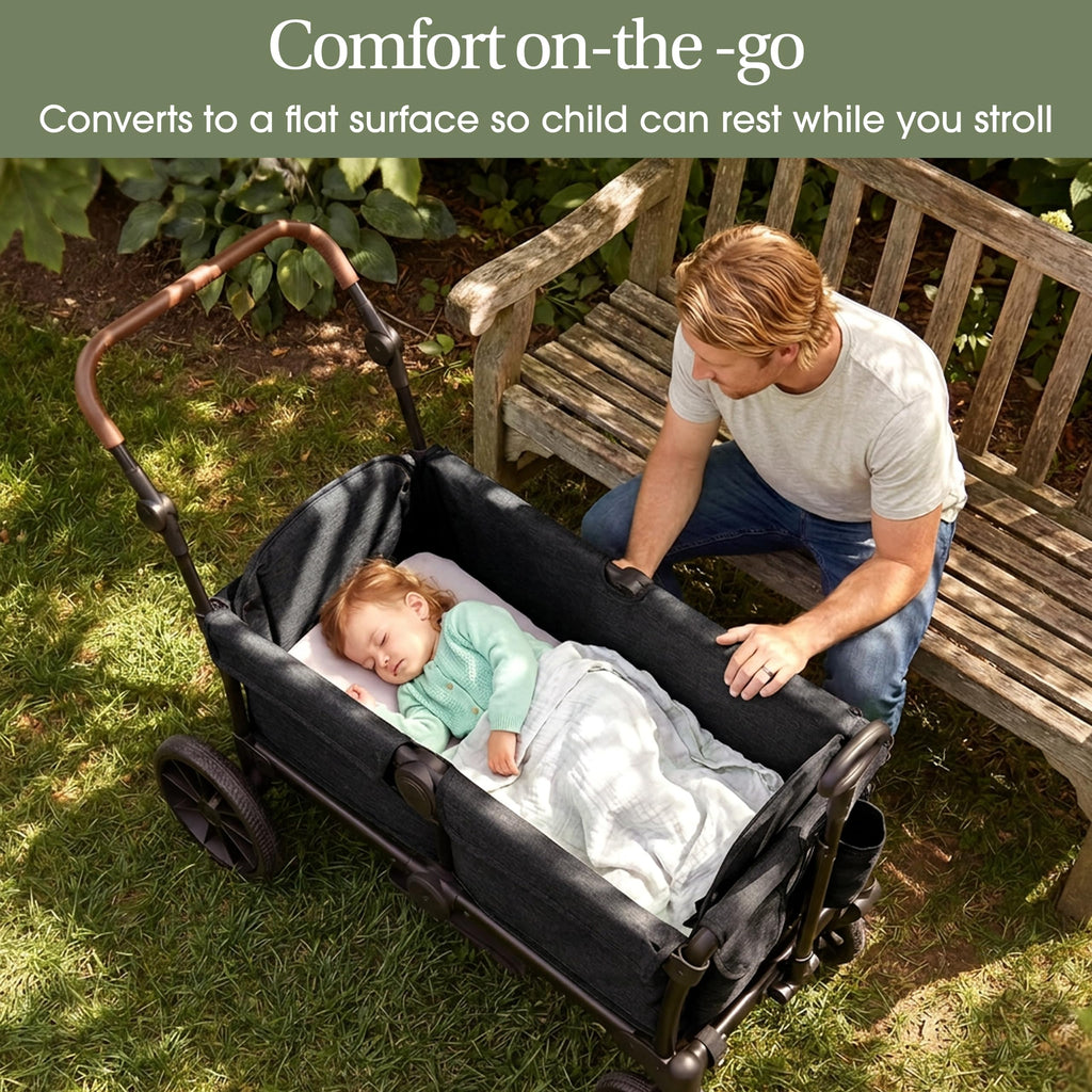 Evolur Trailblazer Wagon Double Stroller in Black, Foldable Infant and Toddler Stroller Wagon, 5-Point Harness, Removable Canopy, All-Terrain Wheels, Spacious Storage for 2 Kids