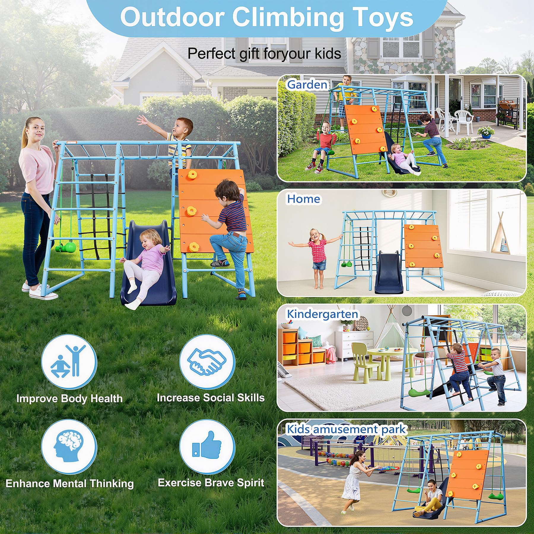 YuAnWe 6 in 1 Indoor Playground, Metal Jungle Gym with Climbing Wall, Slide, Monkey Bars, Rope Ladders and Two Swings, Playset for Kids Ages 3-12