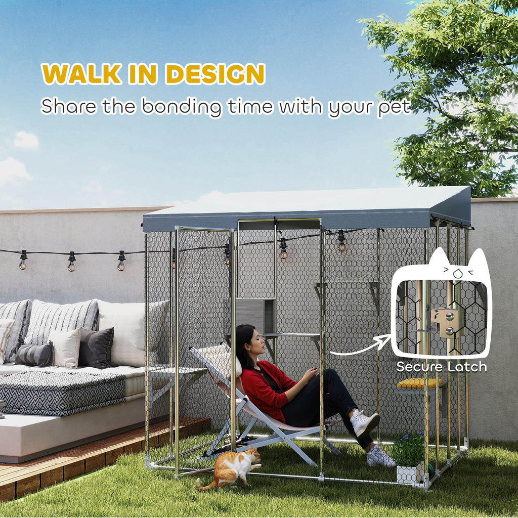 PawHut Catio Outdoor Cat Enclosure, 79" Large Walk-in Cat House with Waterproof Cover, Resting Box, 5 Jumping Platforms, Chicken Run Coop, Rabbit Hutch, Feral Cat Shelter Sloped Roof