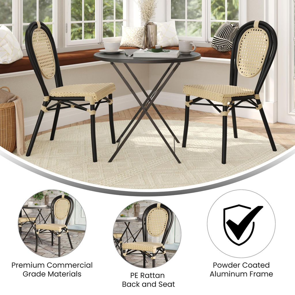 Flash Furniture Cannes Indoor/Outdoor Commercial Thonet Bistro Stack Chair - Natural PE Cane Rattan Back and Seat - Black Metal Frame - Set of 2