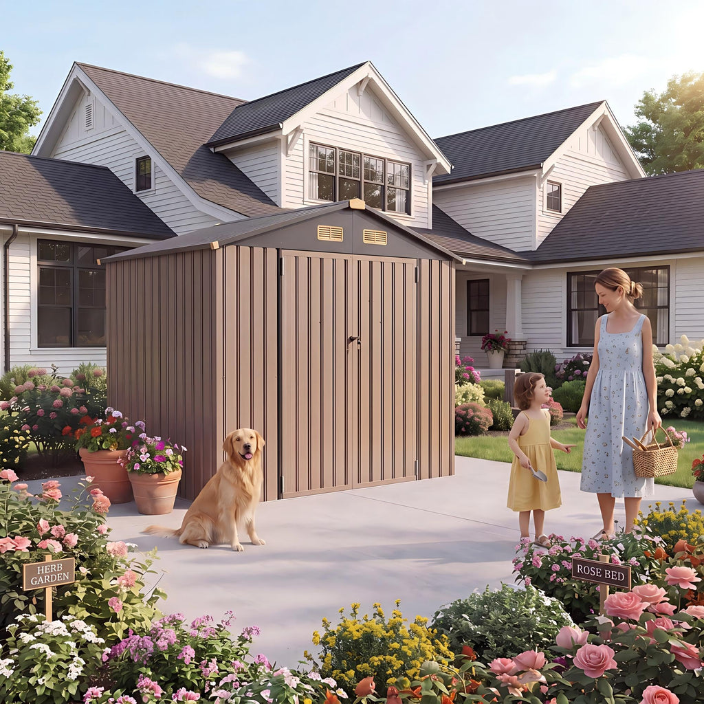 IRONCK 6×8 FT Shed, Galvanized Steel Tool Storage Shed with Lockable Double Doors & Ventilation, Outdoor Utility Storage for Wheelbarrow, Bikes, Yard Bins, Black Brown