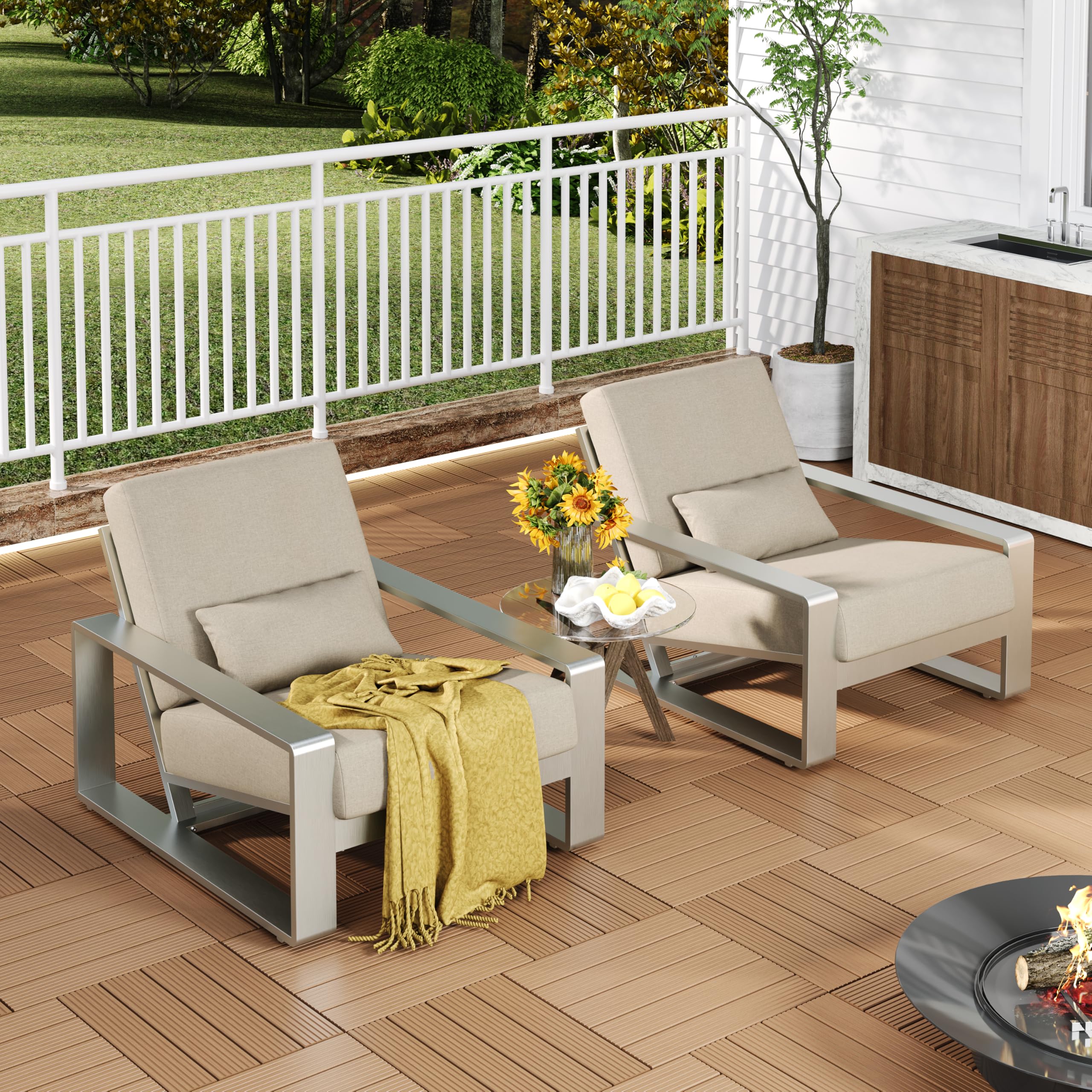 Christopher Knight Home Aspen Aluminum Outdoor Club Chair Set of 2, Lounge Chair Outdoor with Cushions, Indoor Metal Accent Chair, Tilt Backrest Recliner for Backyard, Garden, Balcony, Silver+Beige