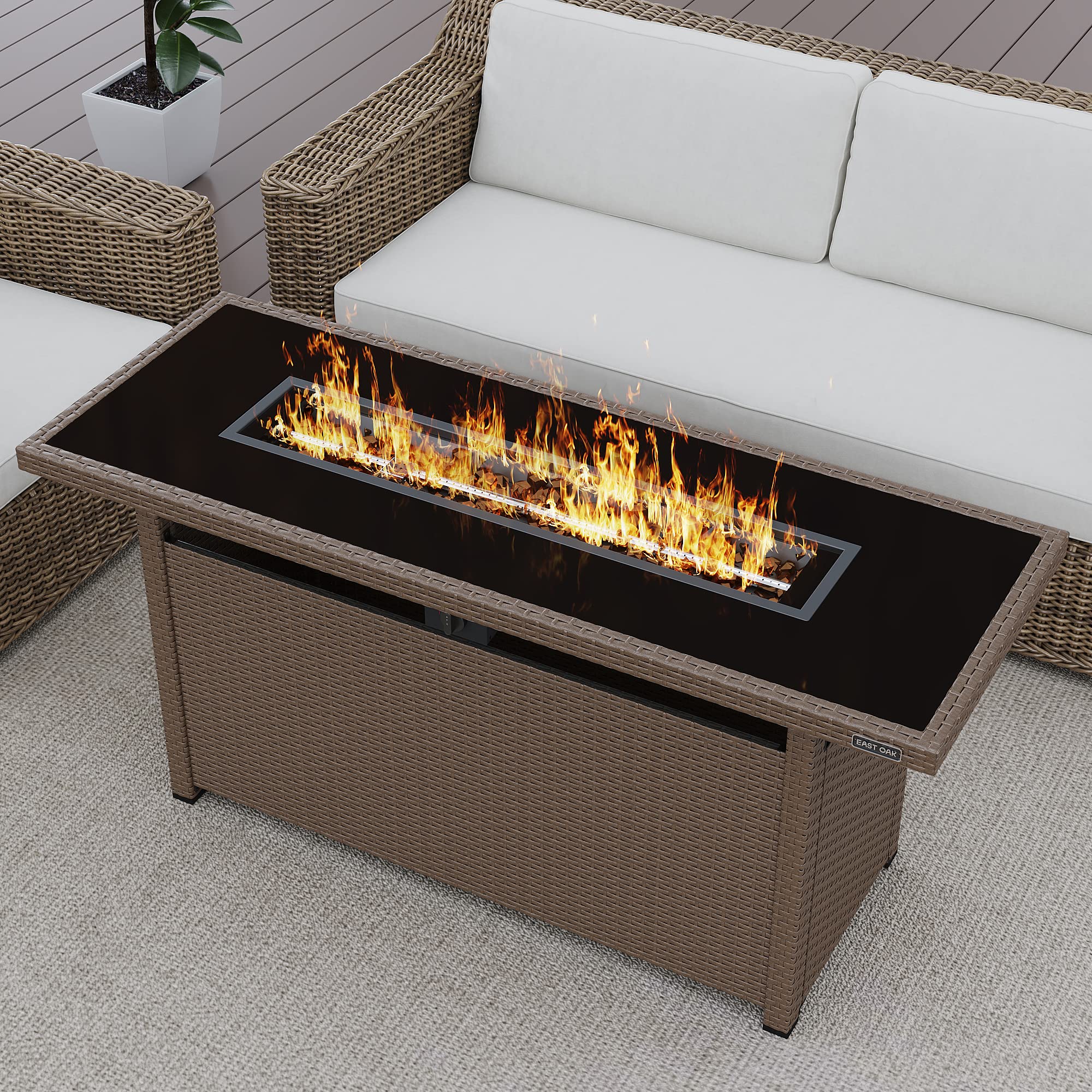 EAST OAK 57" Gas Fire Pit Table, 60,000 BTU Propane Fire Pit w/Large Tempered Glass Desktop, CSA Certified Outdoor Patio Fire Table with 9.2lb Glass Stone & Removable Lid, Chocolaty Coffee