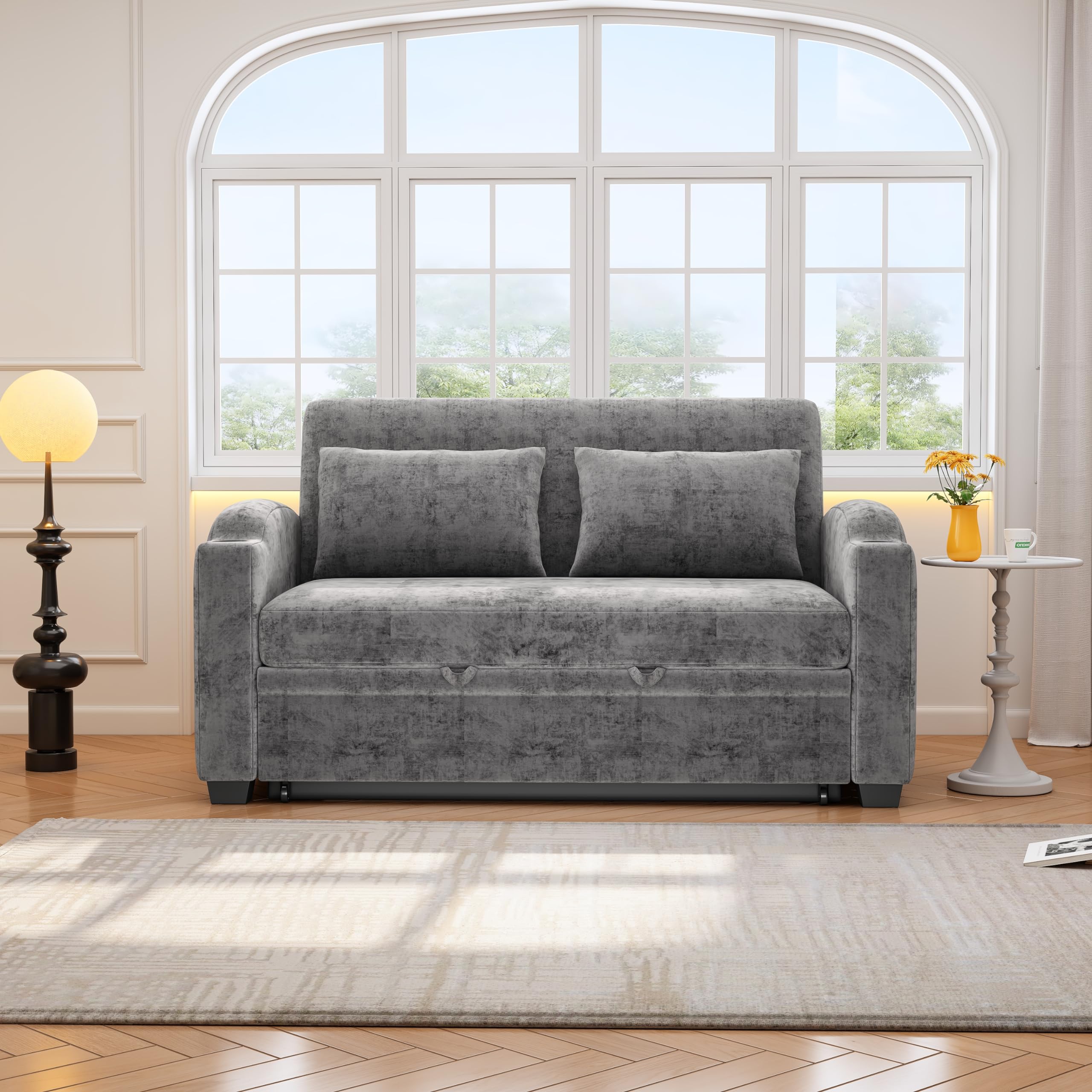 GDFStudio Pull Out Sofa Bed with USB Ports and Cup Holders, 3-Position Adjustable Backrest Chenille Loveseat, Sturdy Frame Compact Couch for Living Room Apartment Guest Bed, Gray