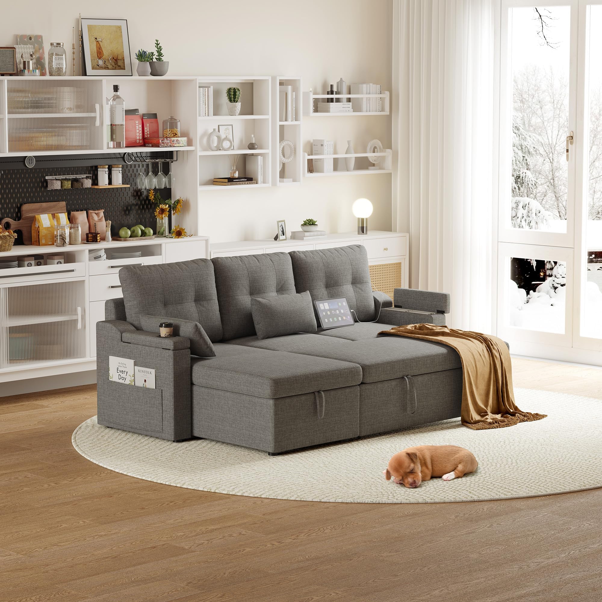 IDEALHOUSE Sofa Bed, L-Shaped Sectional Sleeper Sofa with Storage, Pull-Out Bed, Reversible Chaise, USB-C Ports, Washable Covers, Space-Saving Compact Design, Grey