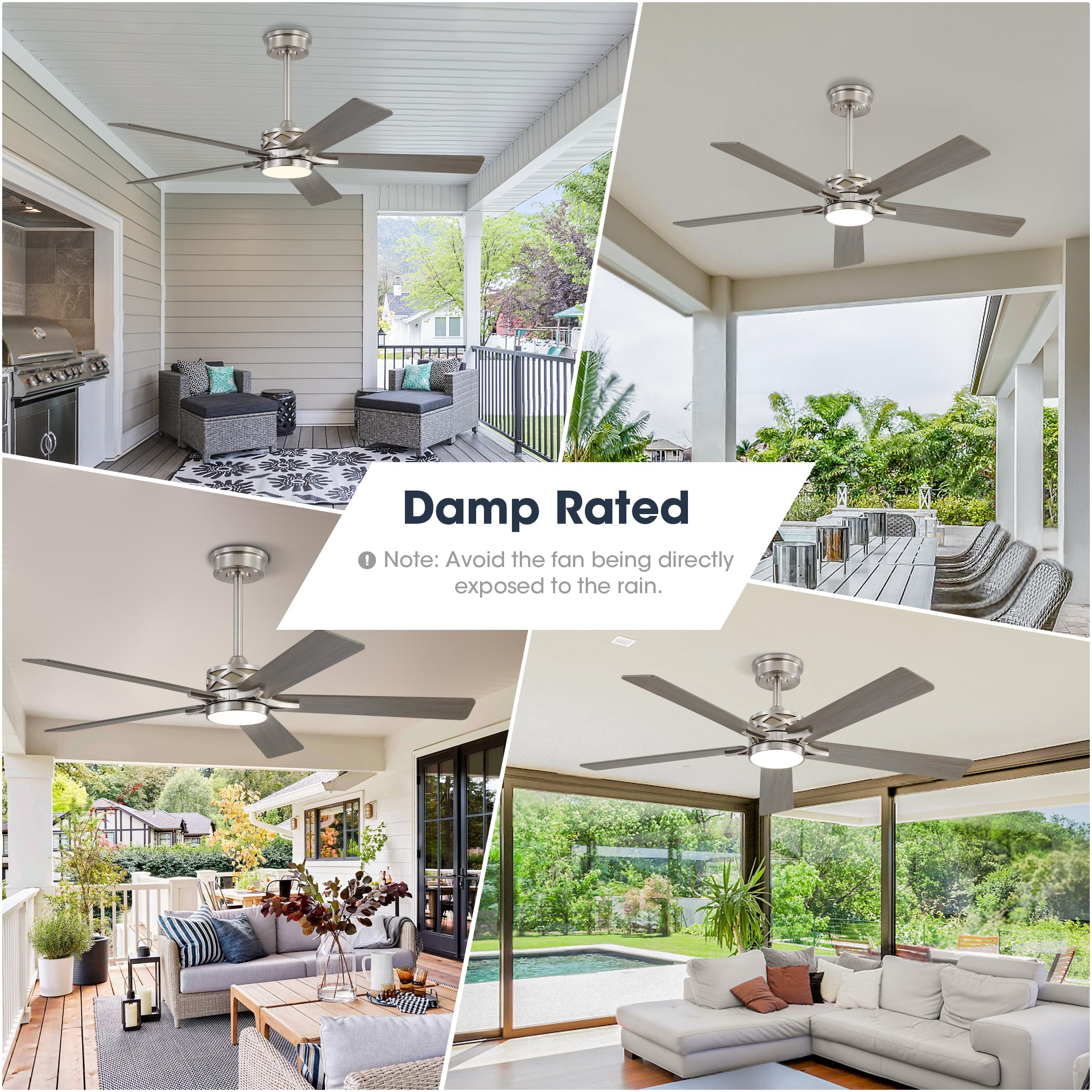 WINGBO 60" Smart Ceiling Fan with Lights and 3 Downrods, 5 Plywood Blades, 6 Speeds Reversible DC Motor, Works with Alexa and Google Assistant, 3CCT Dimmable LED Large Ceiling Fans, Nickel and Grey
