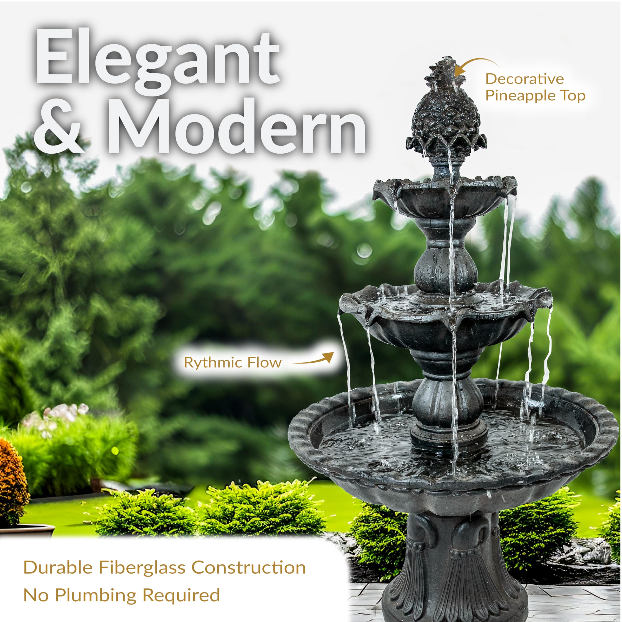 Sunnydaze 57" H Welcome 3-Tier Water Fountain - Large Electric Water Fountain with Pineapple Topper for Garden, Patio or Yard - Deep Espresso