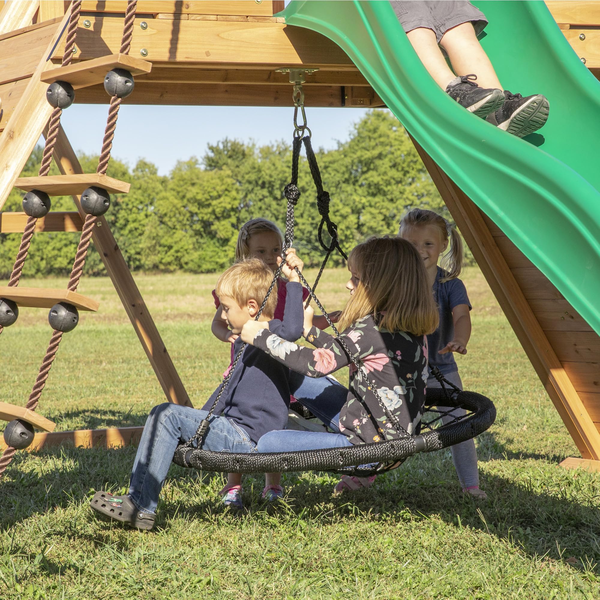 Backyard Discovery Endeavor All Cedar Wood Swing Set Playset for Backyard with Large Clubhouse Wave Slide Rope Ladder Rock Climbing Wall Wave Slide 2 Belt Swings and 1 Web Swing Gift for Ages 3-10